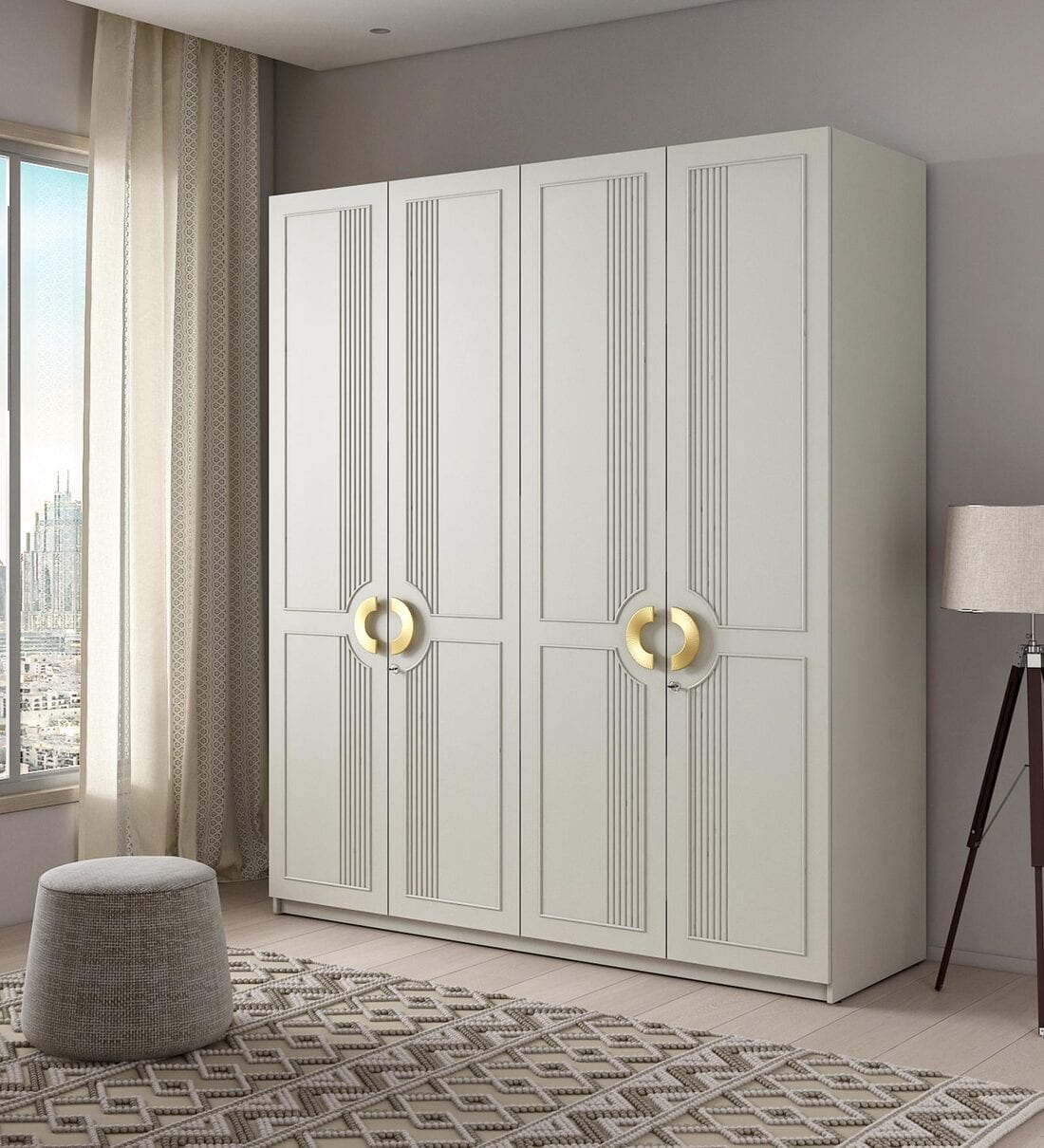 Buy Kosmo Akira 4 Door Wardrobe In Pumic Grey Finish With Drawer