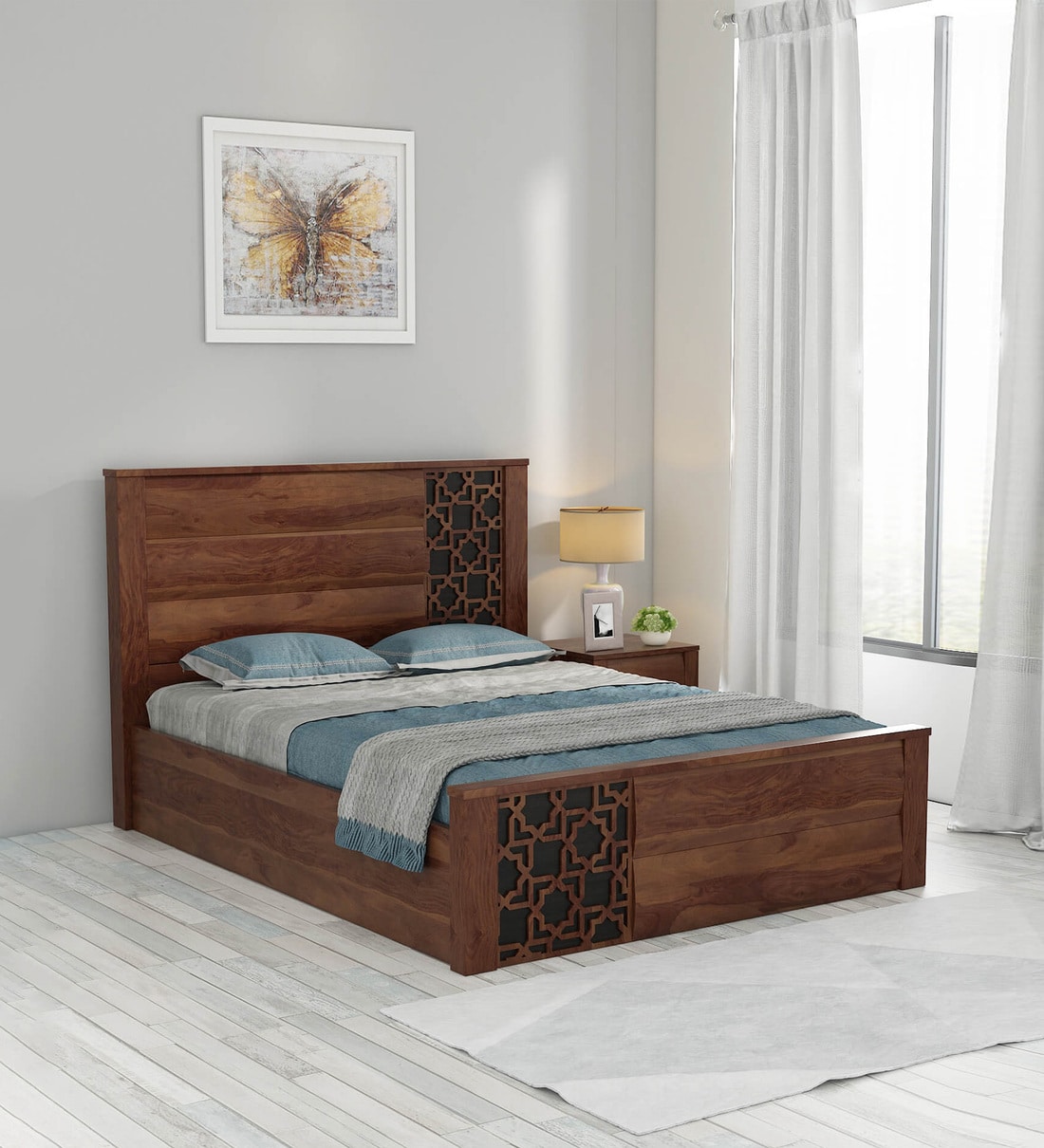 Buy Kosmo Artisan Queen Size Bed In Sheesham Finish With Hydraulic