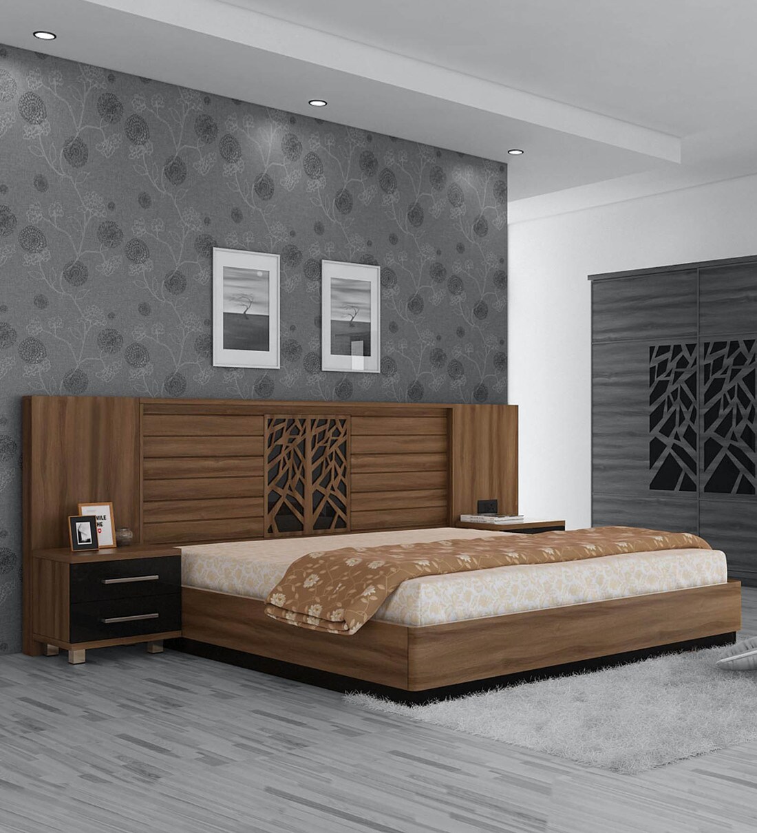 Buy Kosmo Autumn King Size Bed with Storage in Walnut Bronze Finish by
