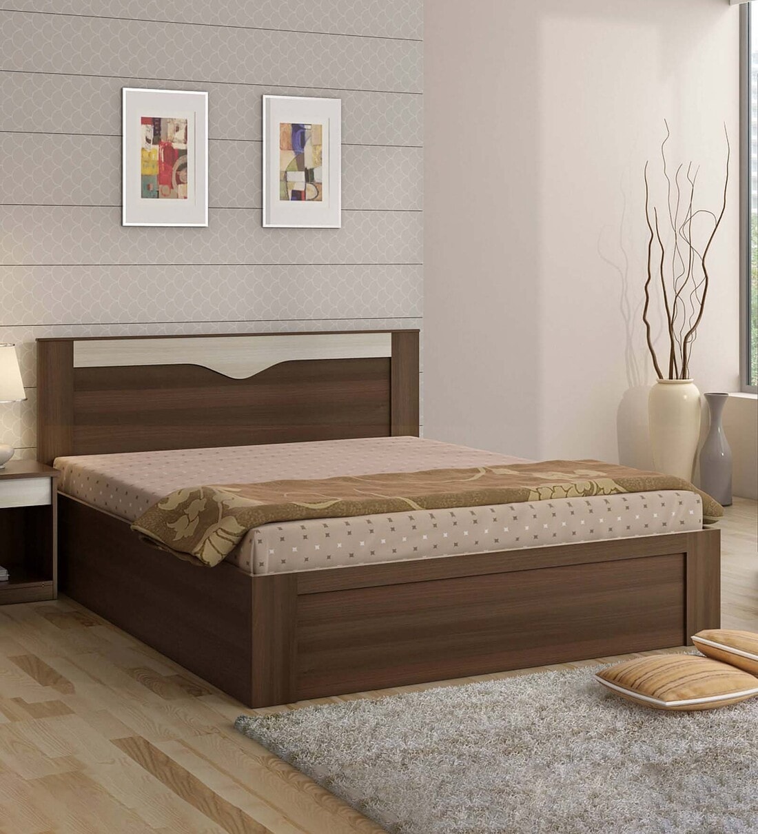 Buy Kosmo Crescent Queen Size Bed In Dark Acacia Finish With Box Storage At 41 OFF By Spacewood