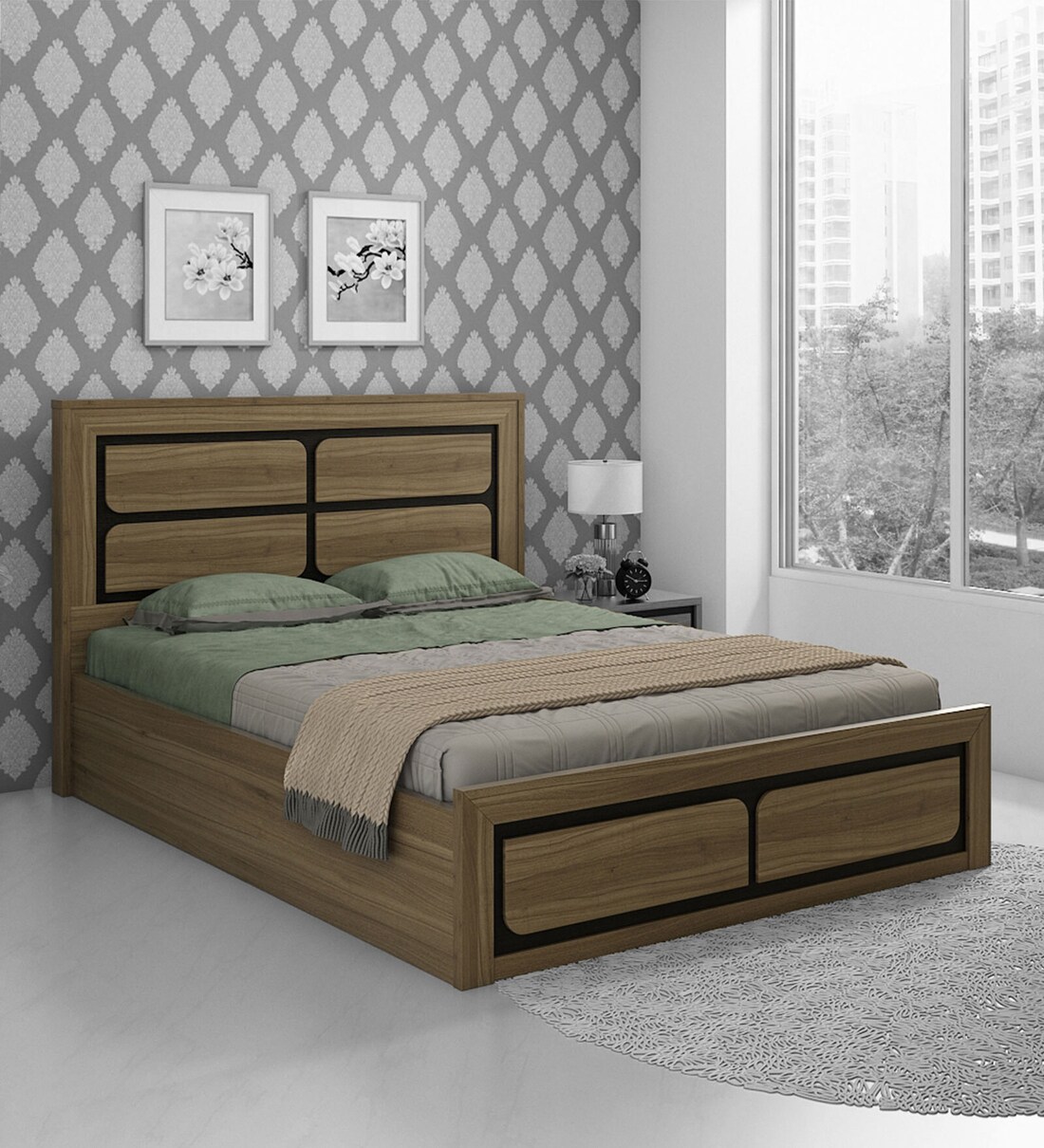 Buy Kosmo Dublin Queen Size Bed In Lyon Walnut Finish With Drawer