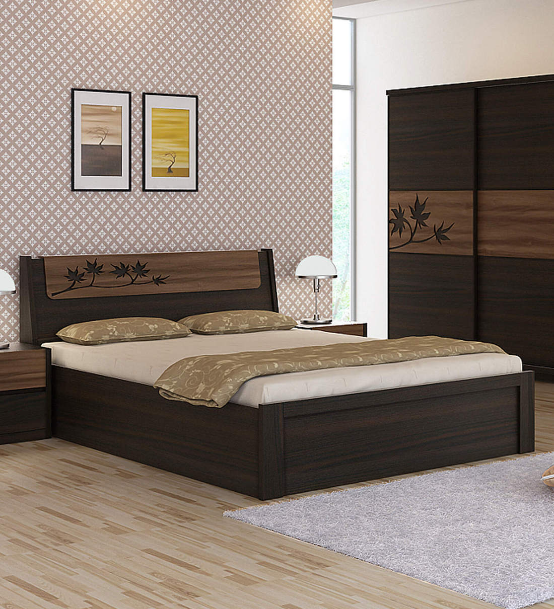 Buy Kosmo Maple Queen Size Bed with Storage in Fumed Oak Melamine