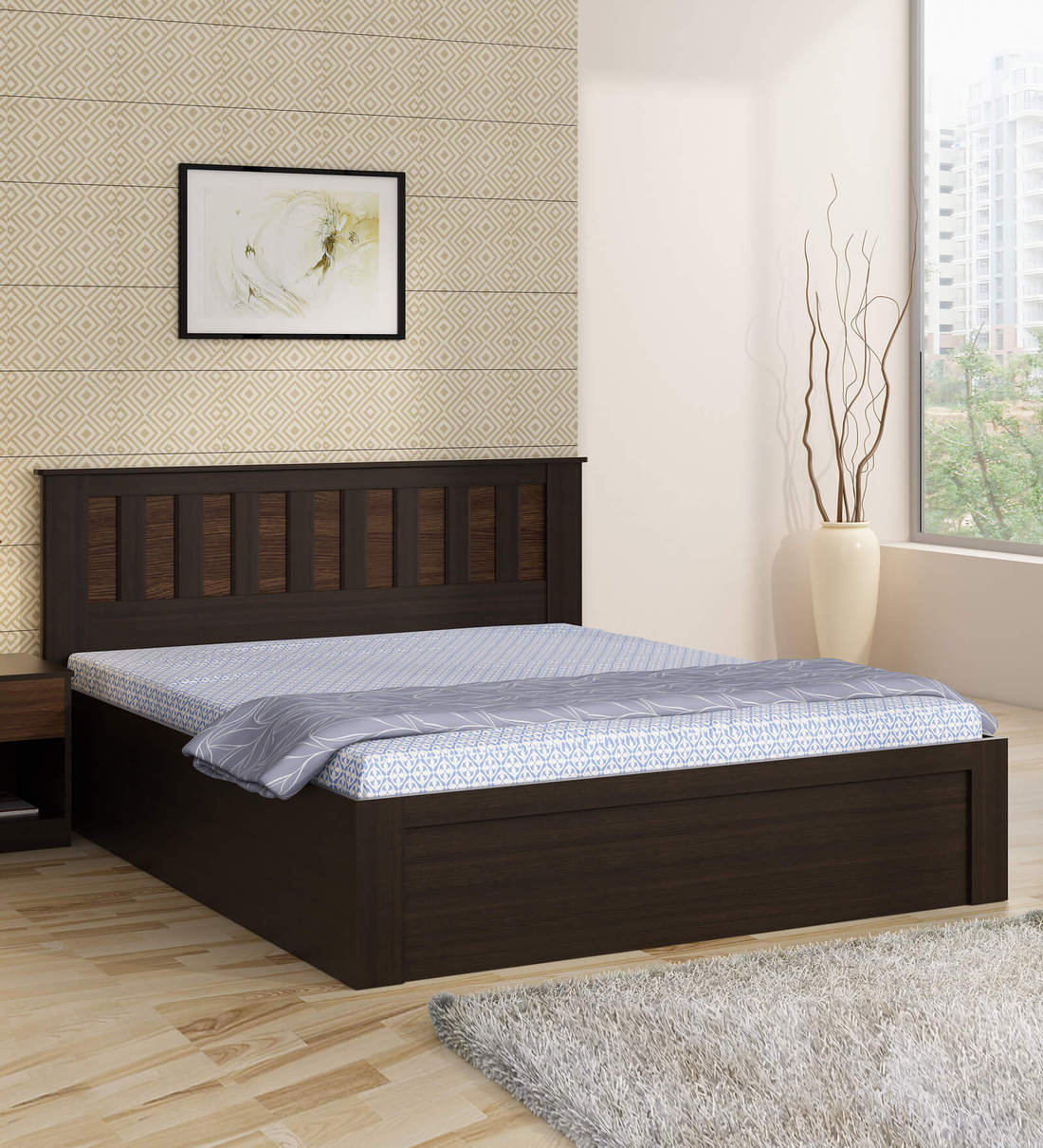 Buy Kosmo Phoenix Queen Size Bed with Storage in Wenge Finish by