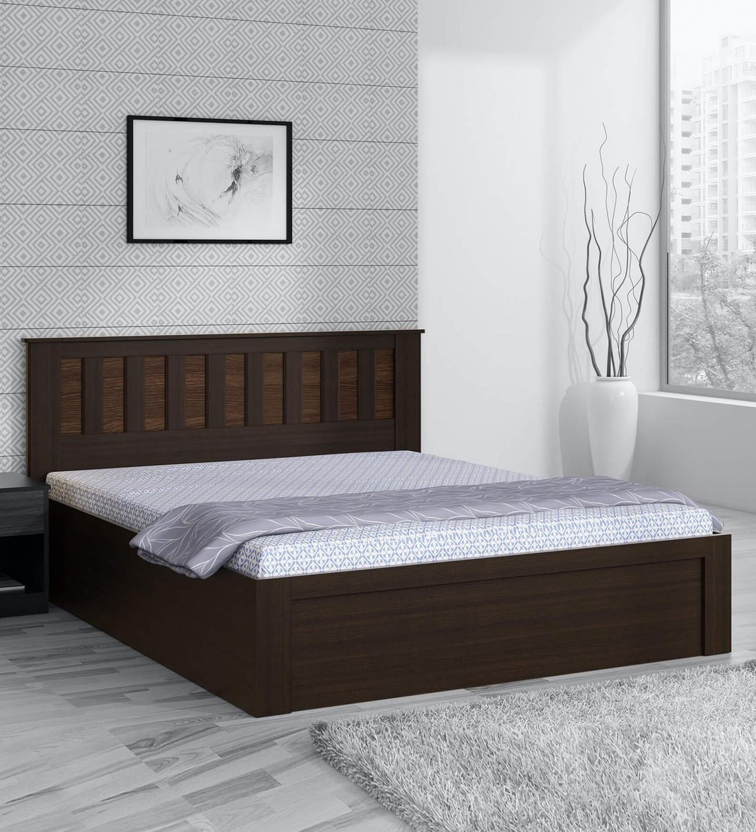 Buy Kosmo Phoenix Queen Size Bed with Storage in Wenge Finish by