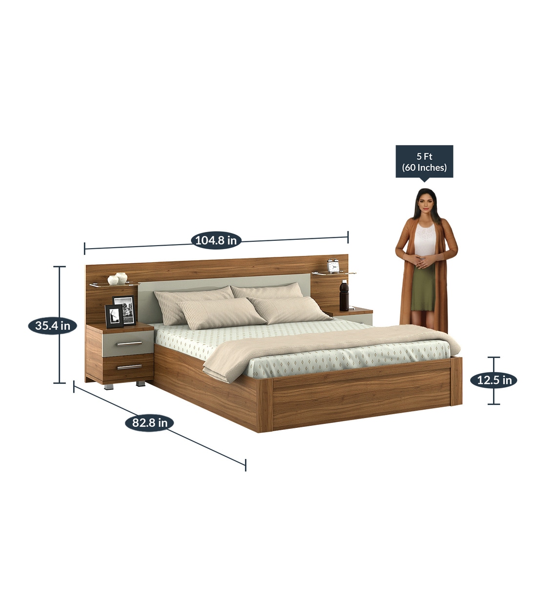 Buy Kosmo Vogue King size Bed with Hydraulic Storage & Bed side Tables Natural Teak by Spacewood