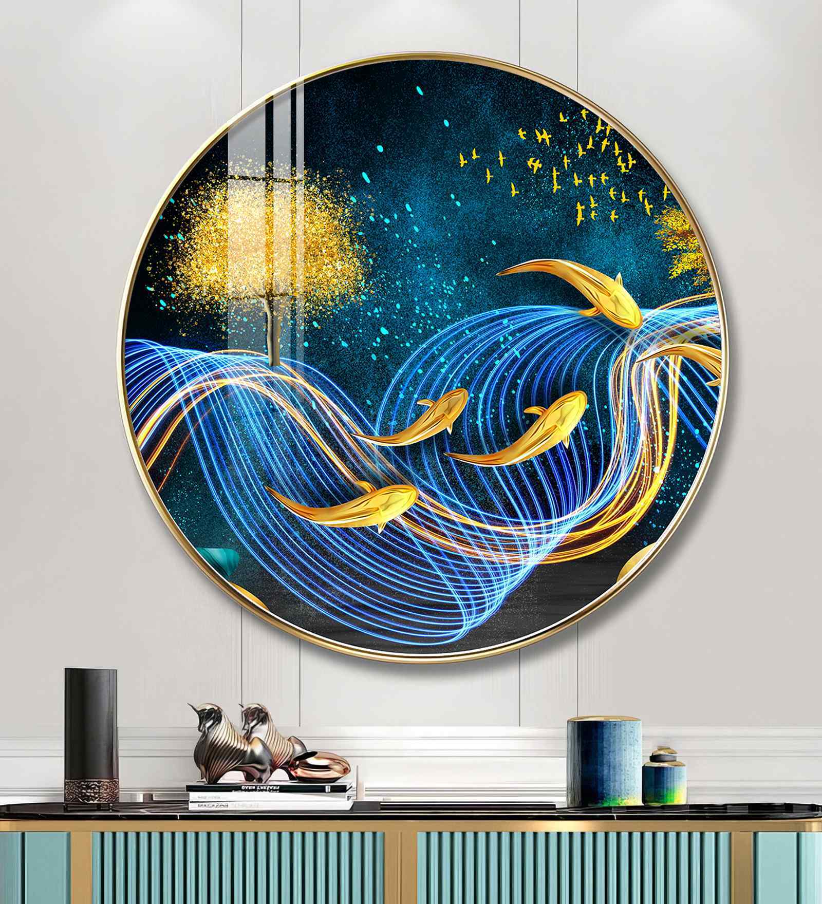 Koi Fish With Blue Background Acrylic Round Wall Art