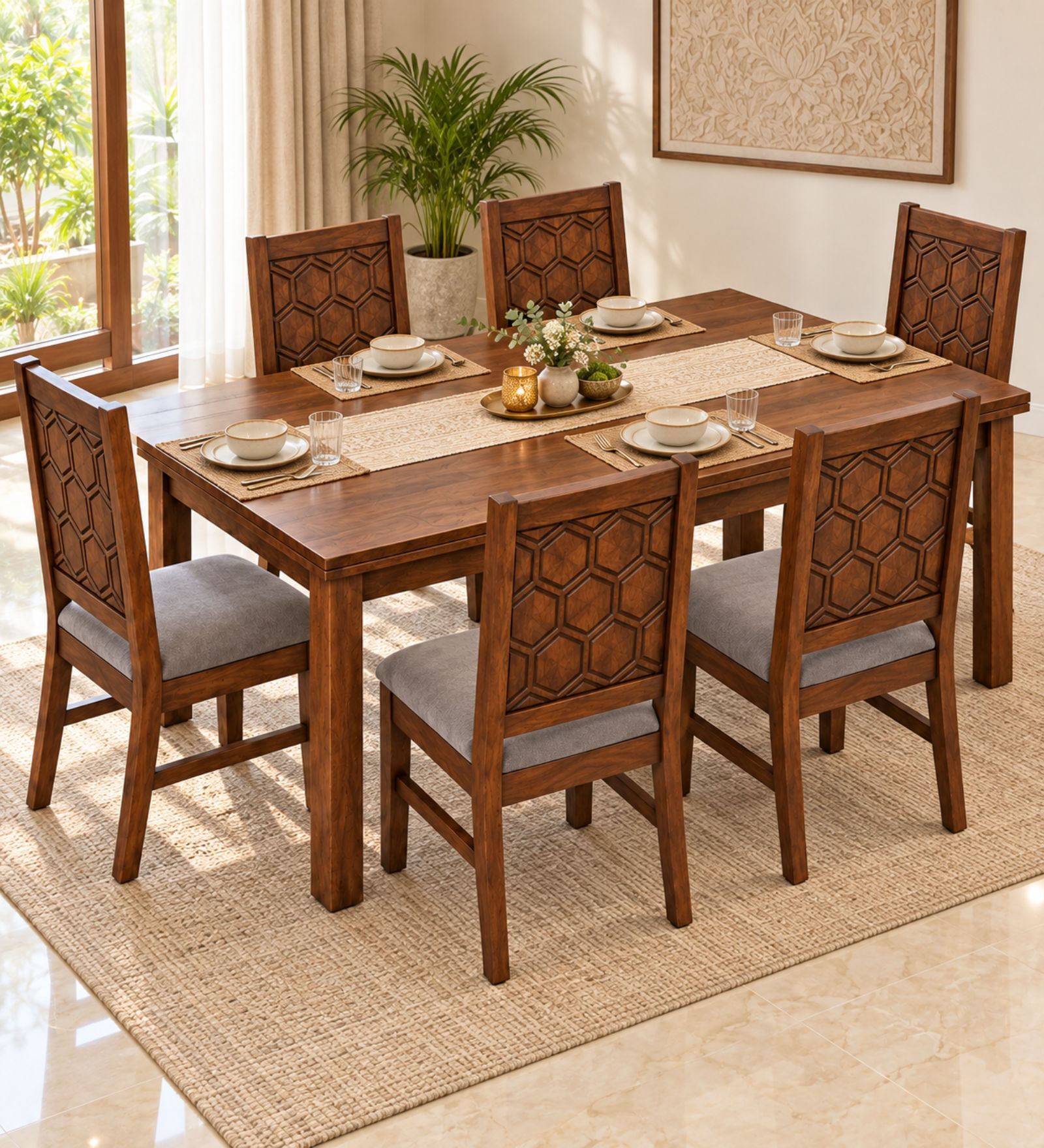 Kosha 6 Seater Dining Set In Provincial Teak Finish With Grey Colour Chair Kosha 6 Seater Dining Set In Provincial Teak Finish With Grey Colour Chair