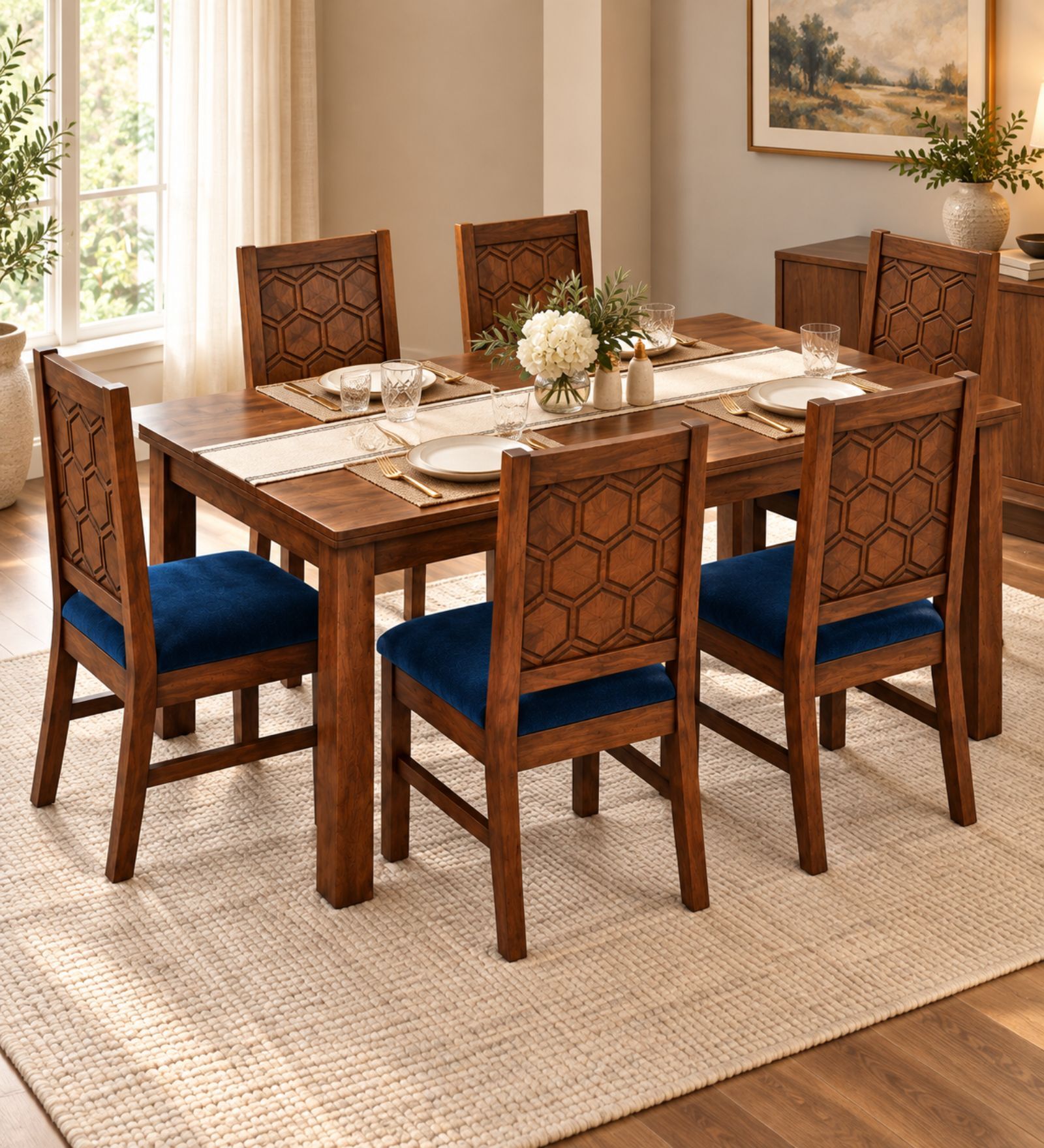 Kosha 6 Seater Dining Set In Provincial Teak Finish With Navy Blue Colour Chair Kosha 6 Seater Dining Set In Provincial Teak Finish With Navy Blue Colour Chair