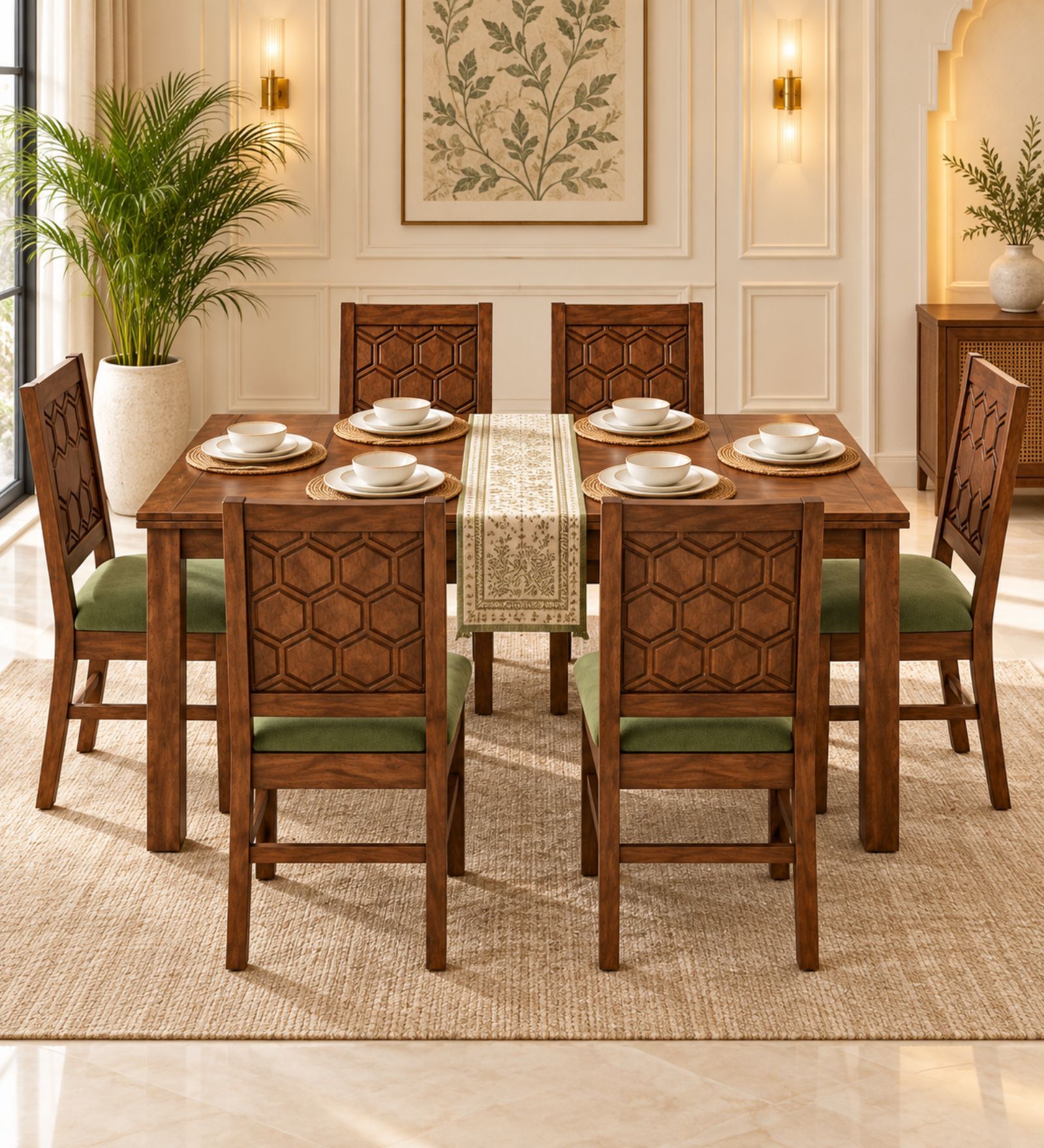 Kosha 6 Seater Dining Set In Provincial Teak Finish With Olive Green Colour Chair Kosha 6 Seater Dining Set In Provincial Teak Finish With Olive Green Colour Chair