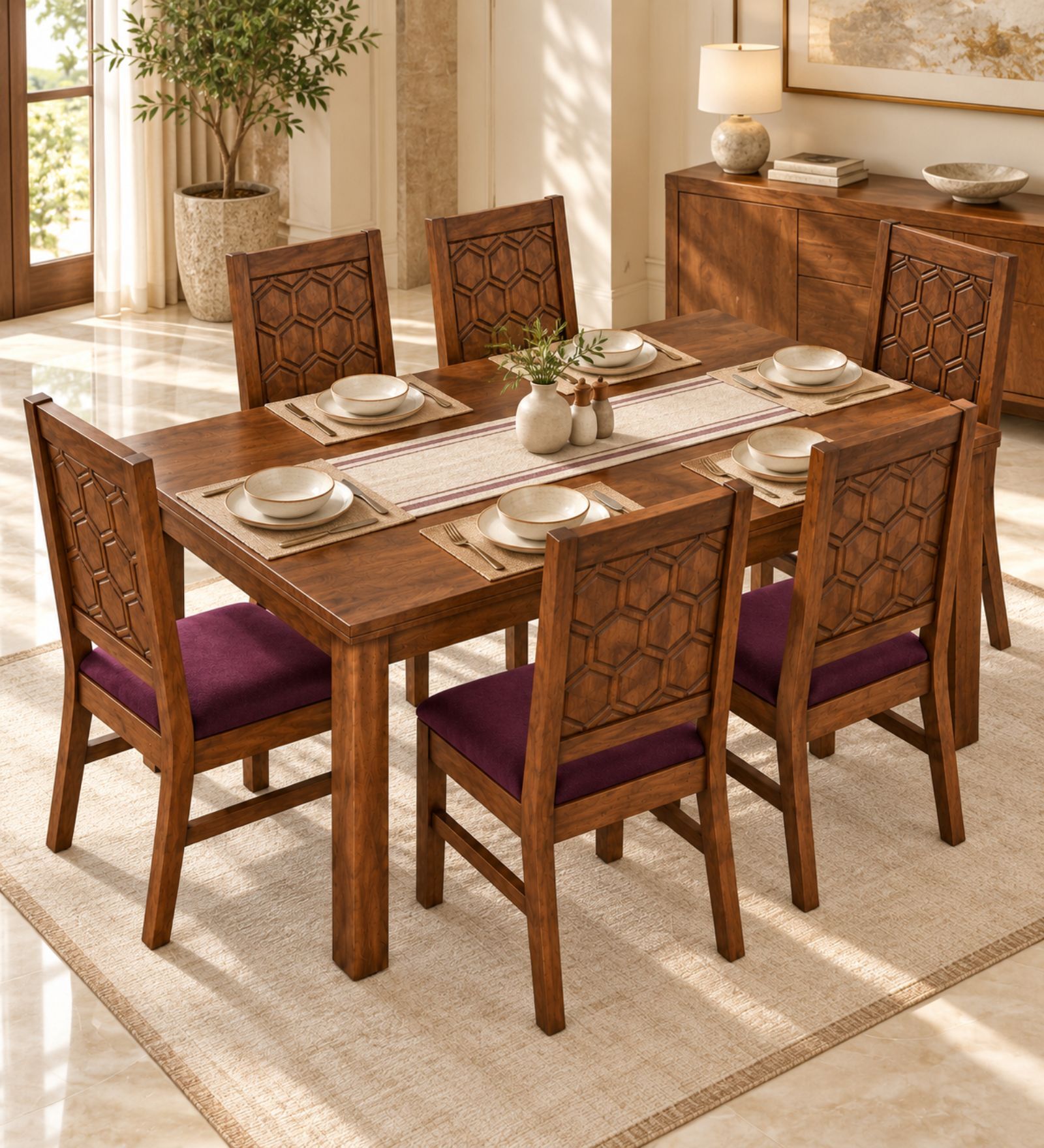 Kosha 6 Seater Dining Set In Provincial Teak Finish With Plum Colour Chair Kosha 6 Seater Dining Set In Provincial Teak Finish With Plum Colour Chair