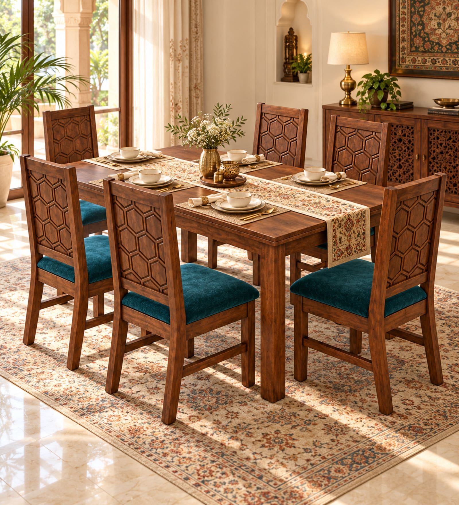 Kosha 6 Seater Dining Set In Provincial Teak Finish With Teal Green Colour Chair Kosha 6 Seater Dining Set In Provincial Teak Finish With Teal Green Colour Chair