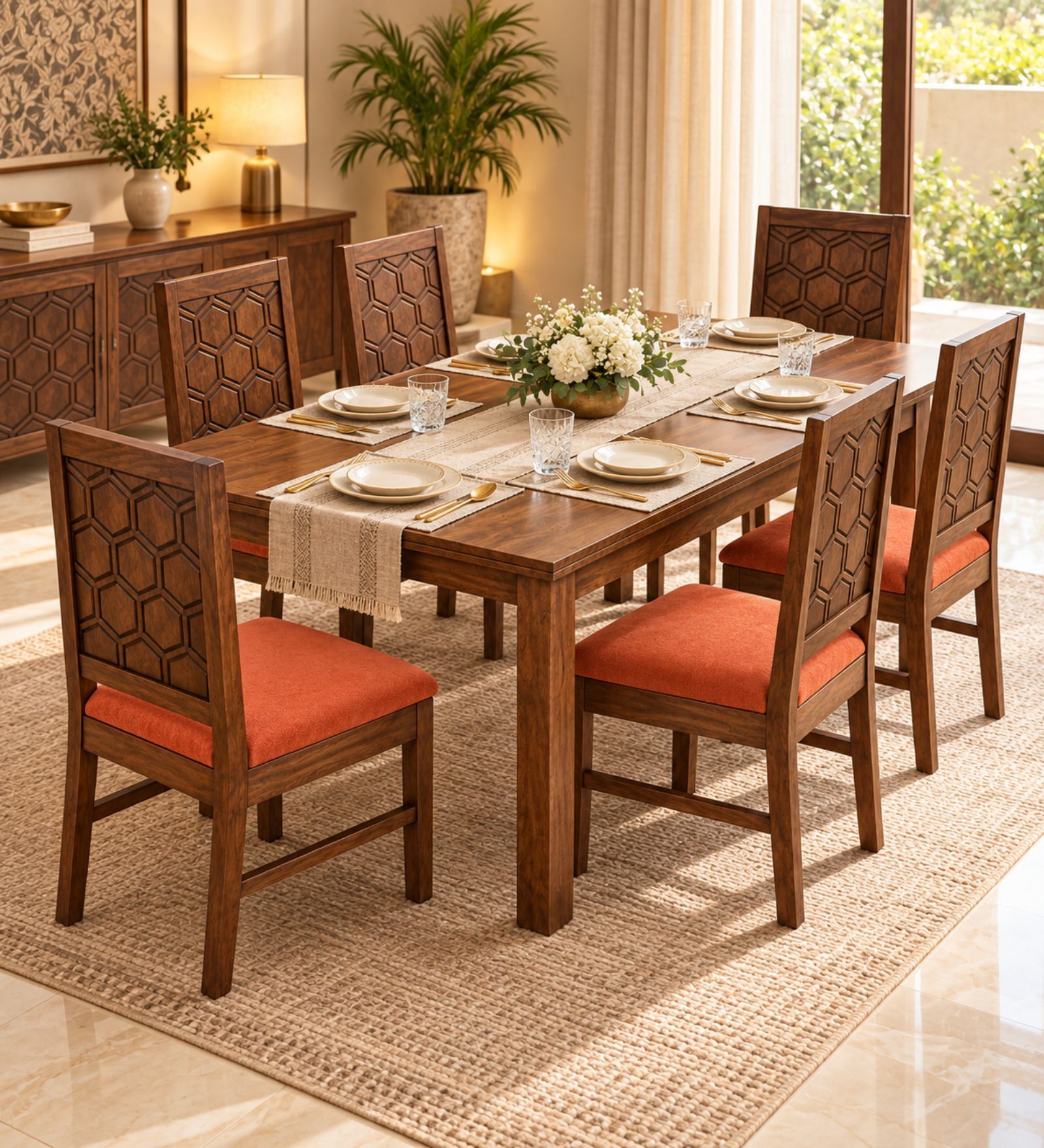 Kosha 6 Seater Dining Set In Provincial Teak Finish With Terracotta Orange Colour Chair Kosha 6 Seater Dining Set In Provincial Teak Finish With Terracotta Orange Colour Chair
