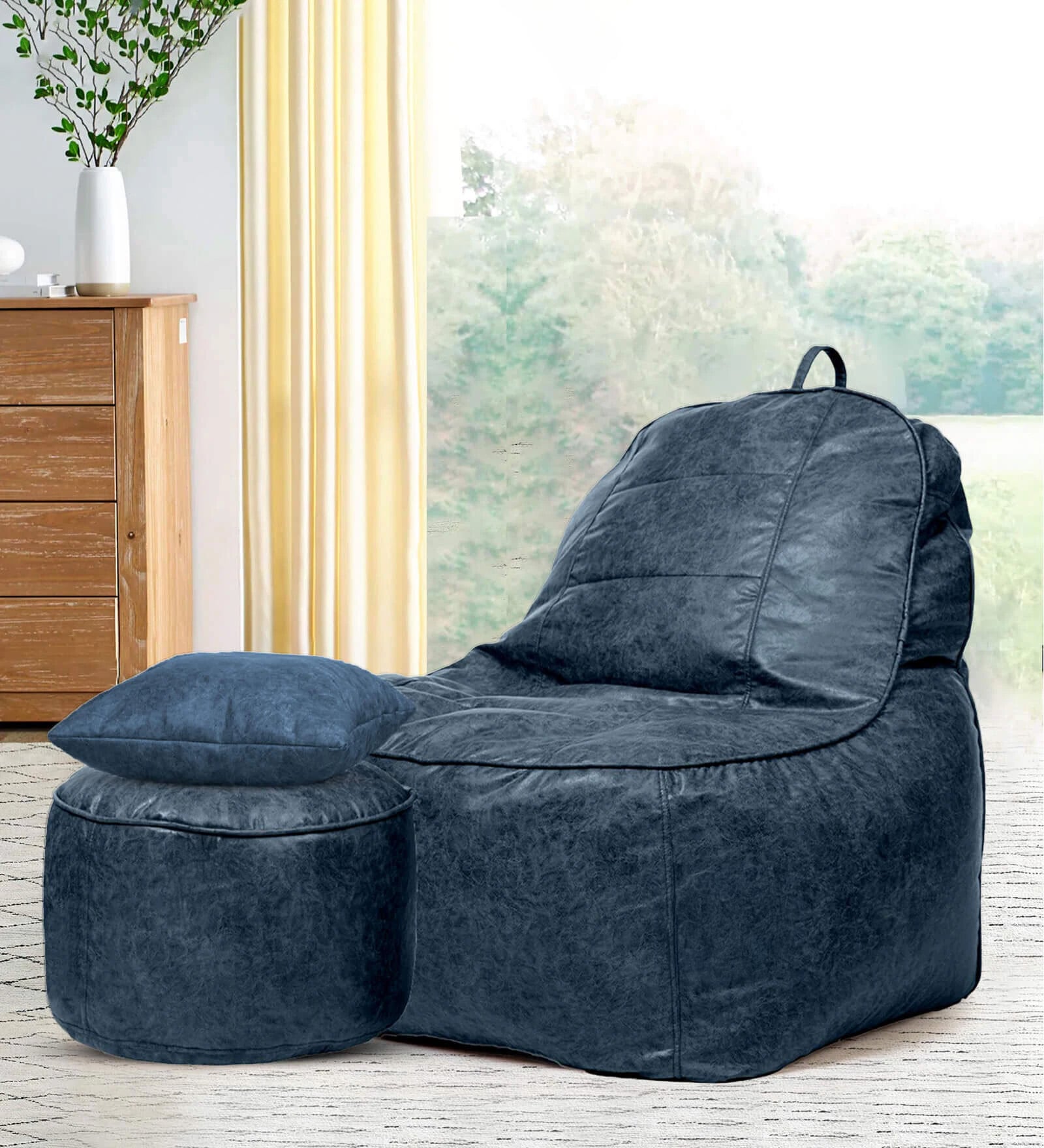 Koshi 4XL Leatherette Bean Bag With Beans With Footrest, Cushion & Pocket In Navy Blue Colour