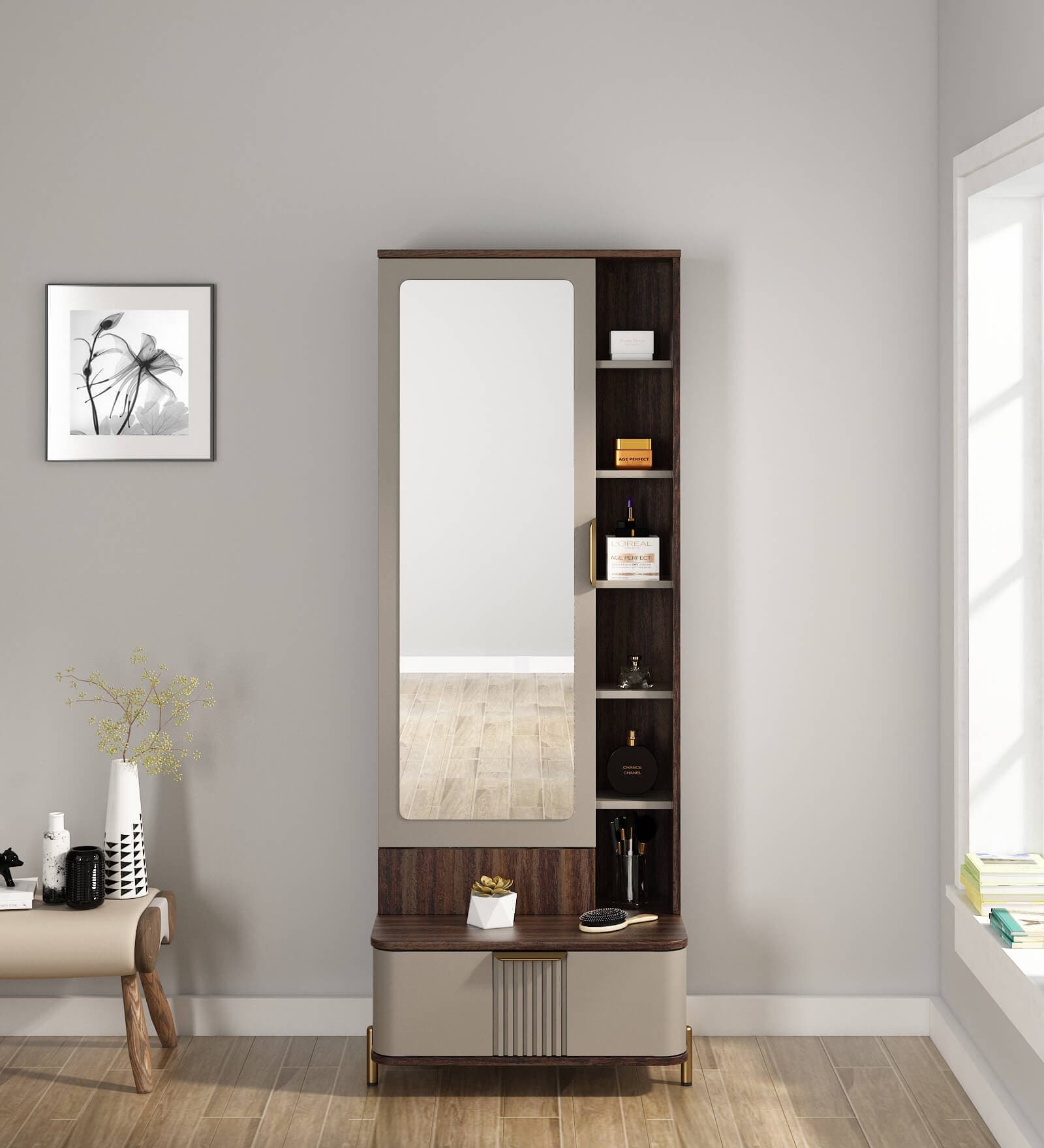 Adore Dressing Table With Mirror In Sahara Beige & Dark Brown Eucalyptus Finish