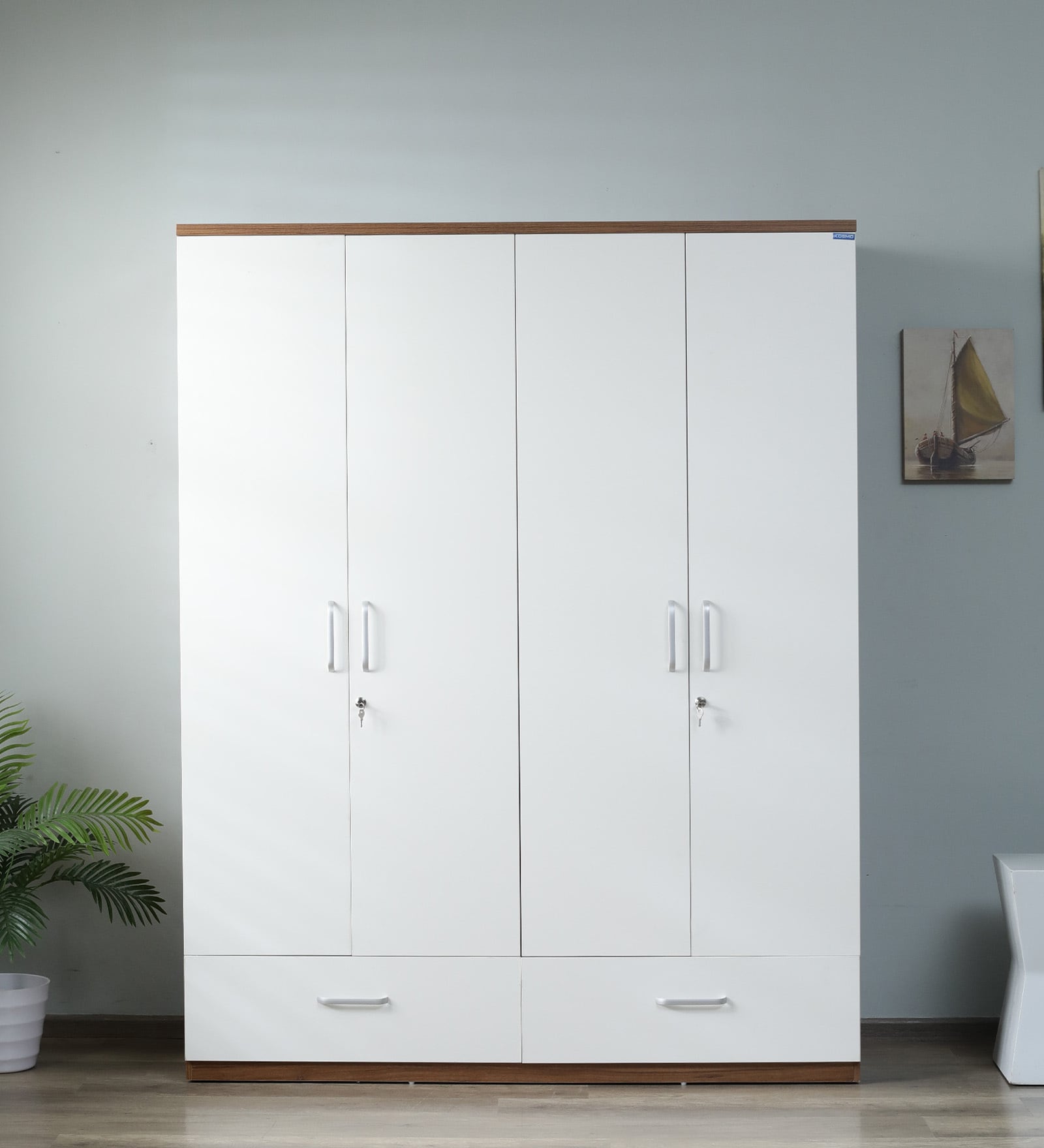 Kosmo Apex 4 Door Wardrobe In Frosty White Finish With Locker & Drawer