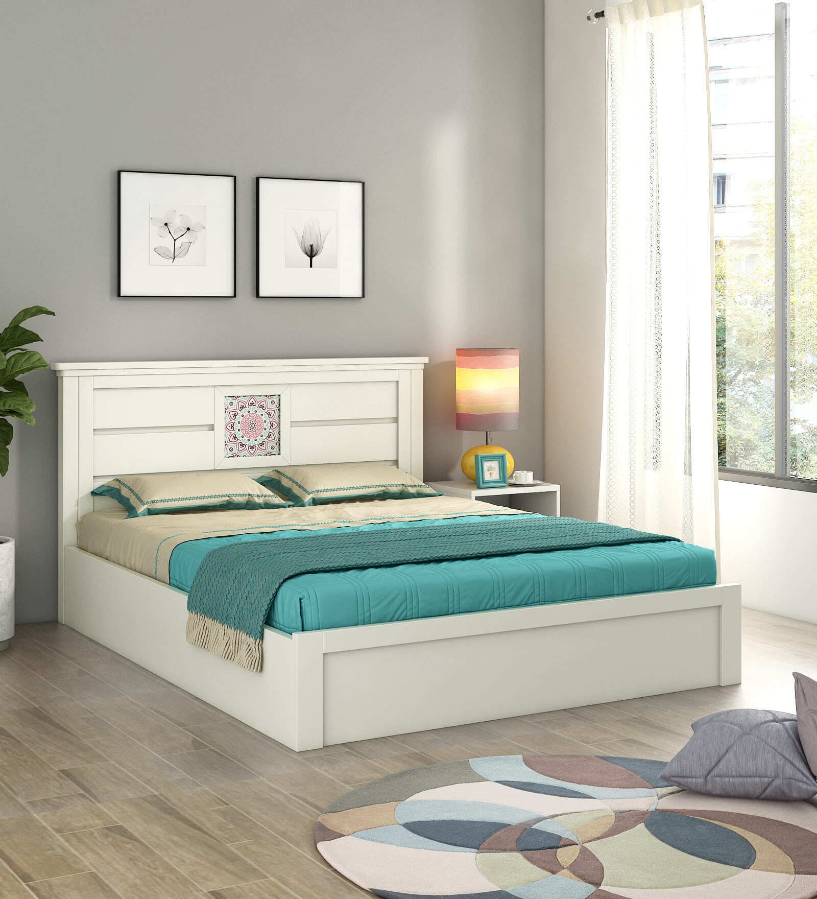Kosmo Bryan Queen Size Bed in Kingston White Finish with Box Storage