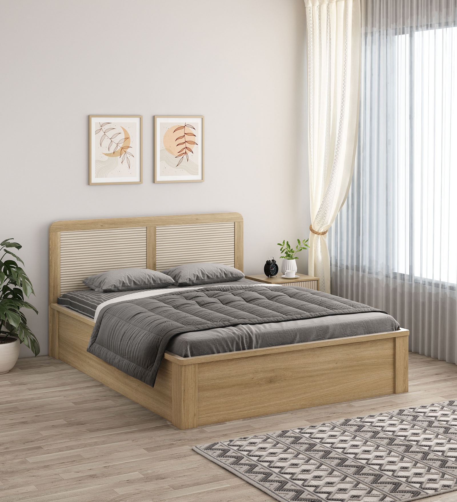 Kosmo Cleo Queen Size Bed with Hydraulic Storage in Santana Oak Finish