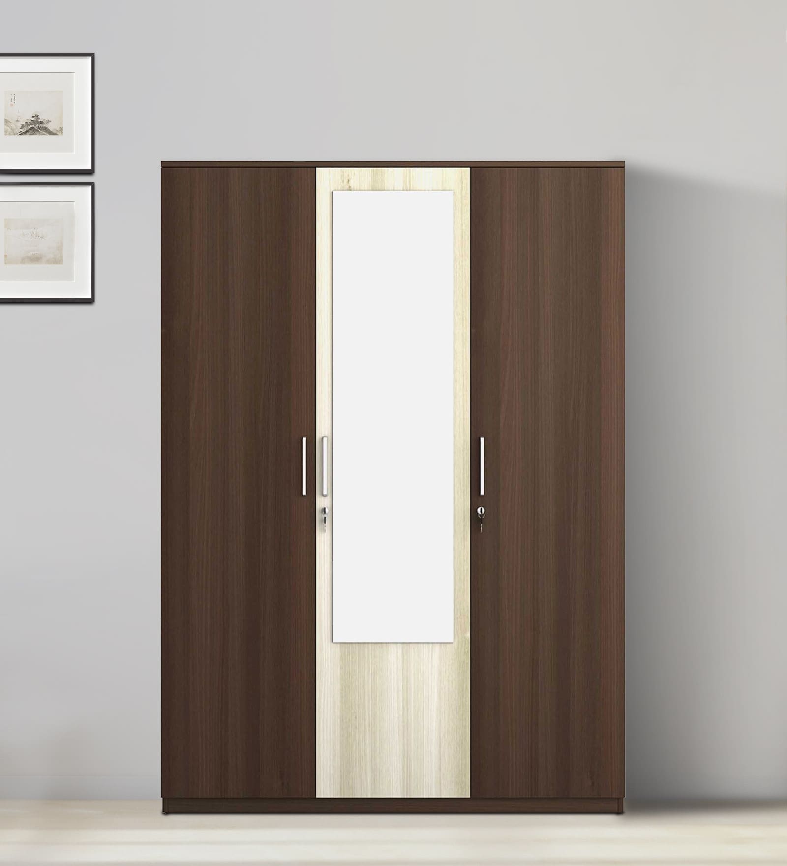 Kosmo Crescent 3 Door Wardrobe in Dark Acacia Finish with Mirror With Drawer