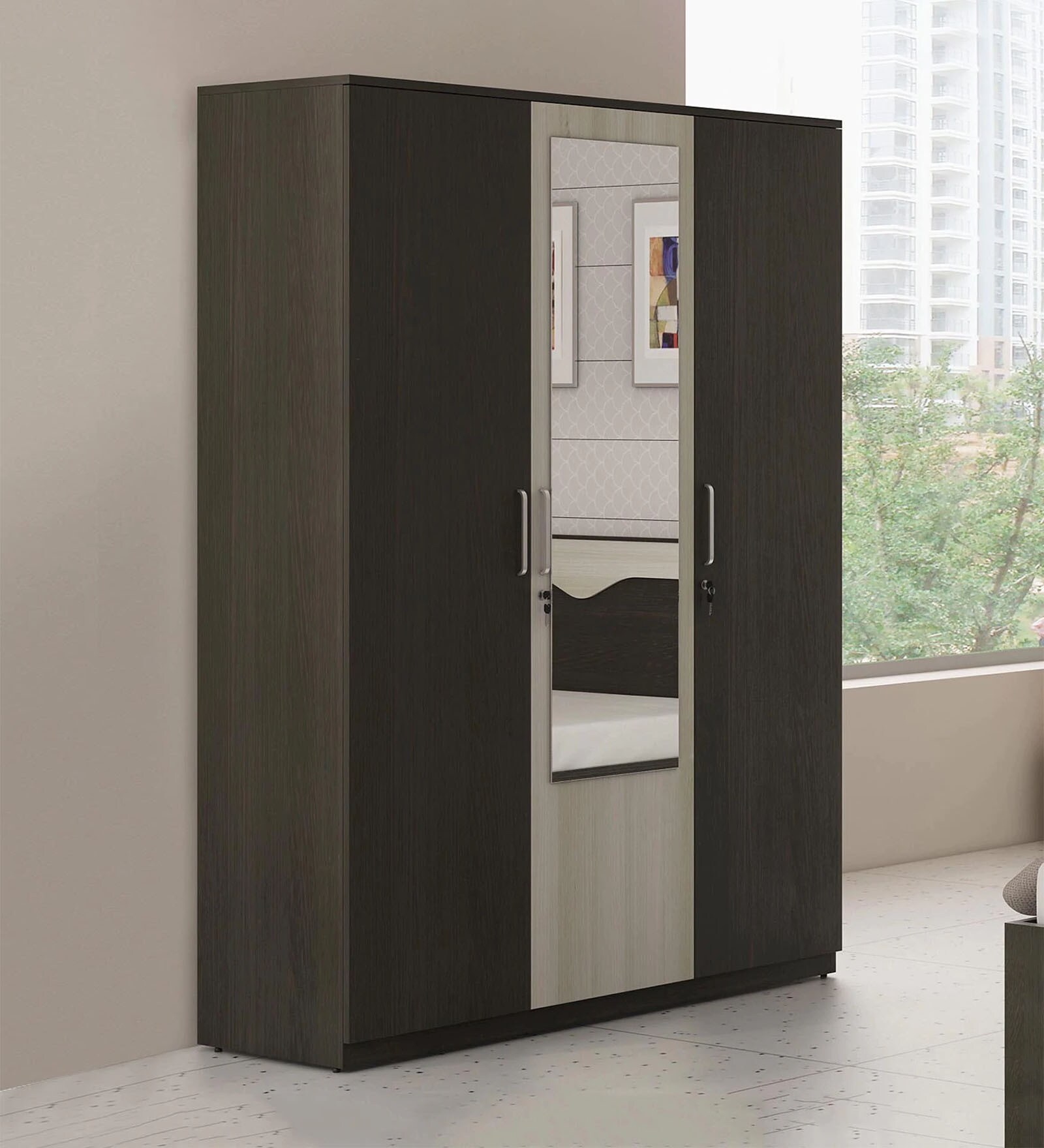 Kosmo 3 Door Wardrobe in Shadow Oak & Acacia Finish with Mirror