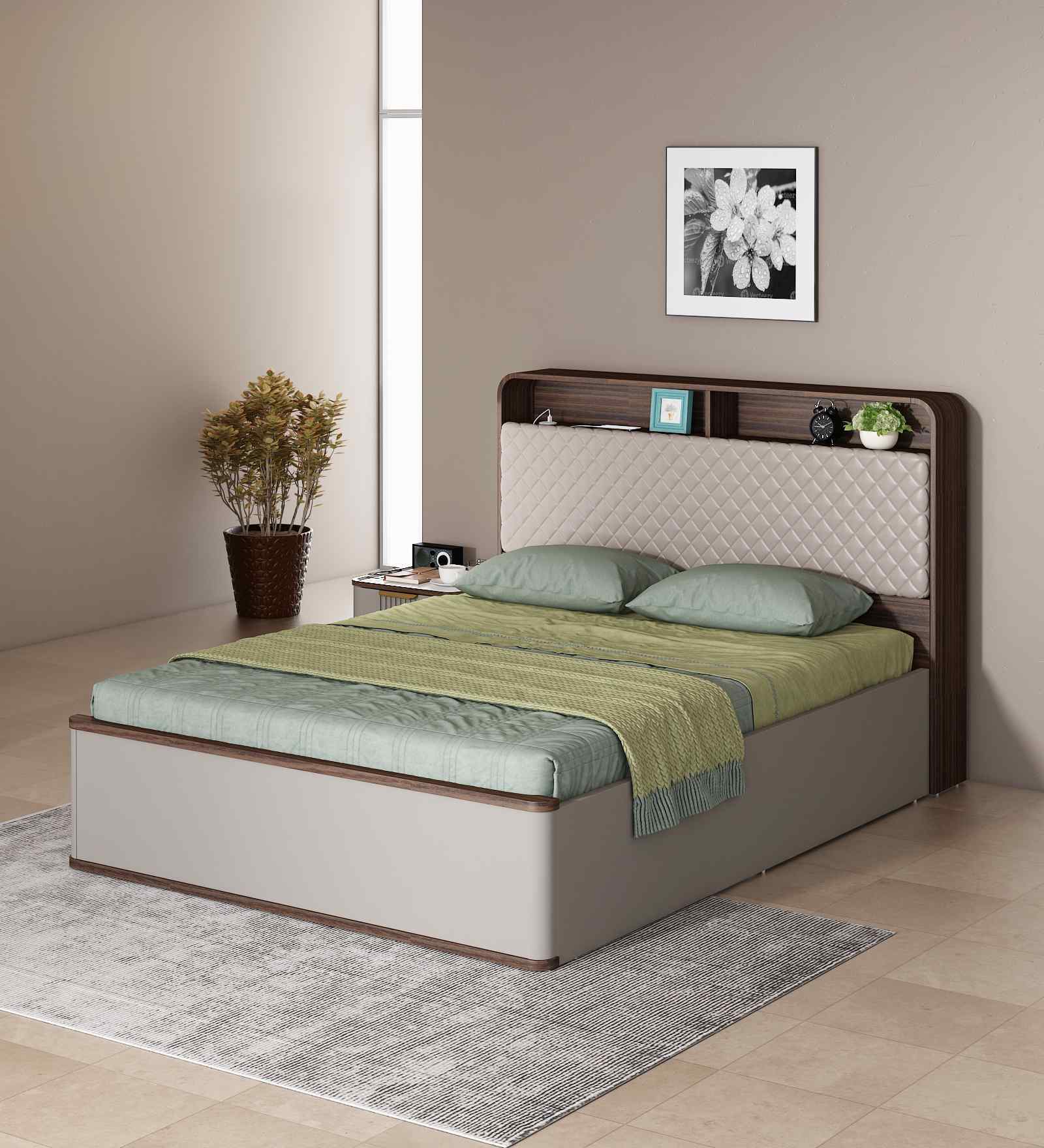 Desire King Size Bed With Headboard & Hydraulic Storage In Sahara Beige & Dark Brown Eucalyptus Finish