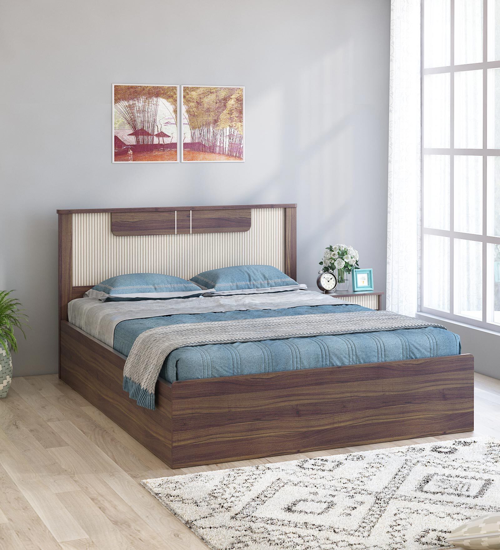 Kosmo Eco King Bed In Lyon Walnut Finish With Hydraulic Storage