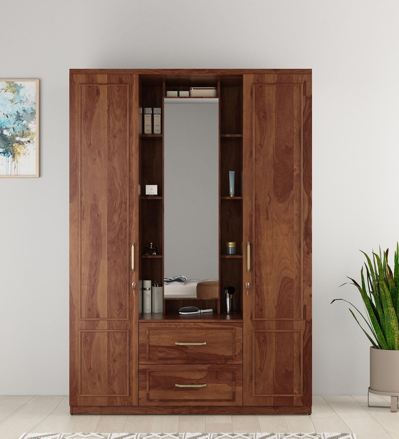 Kosmo Ellipse 3 Door Wardrobe in Sheesham Finish With Inbuild Dresser