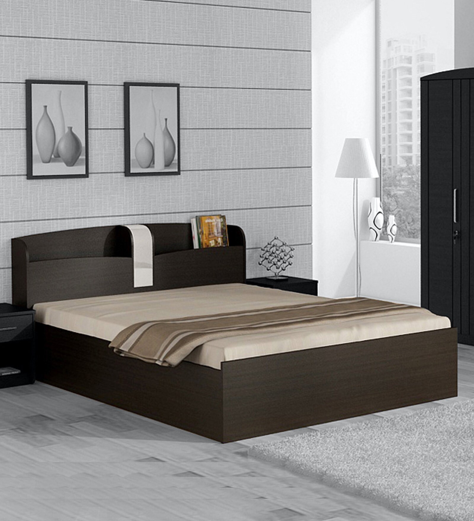 Buy Kosmo Imperial Queen Size Bed with Storage in Natural Wenge Finish