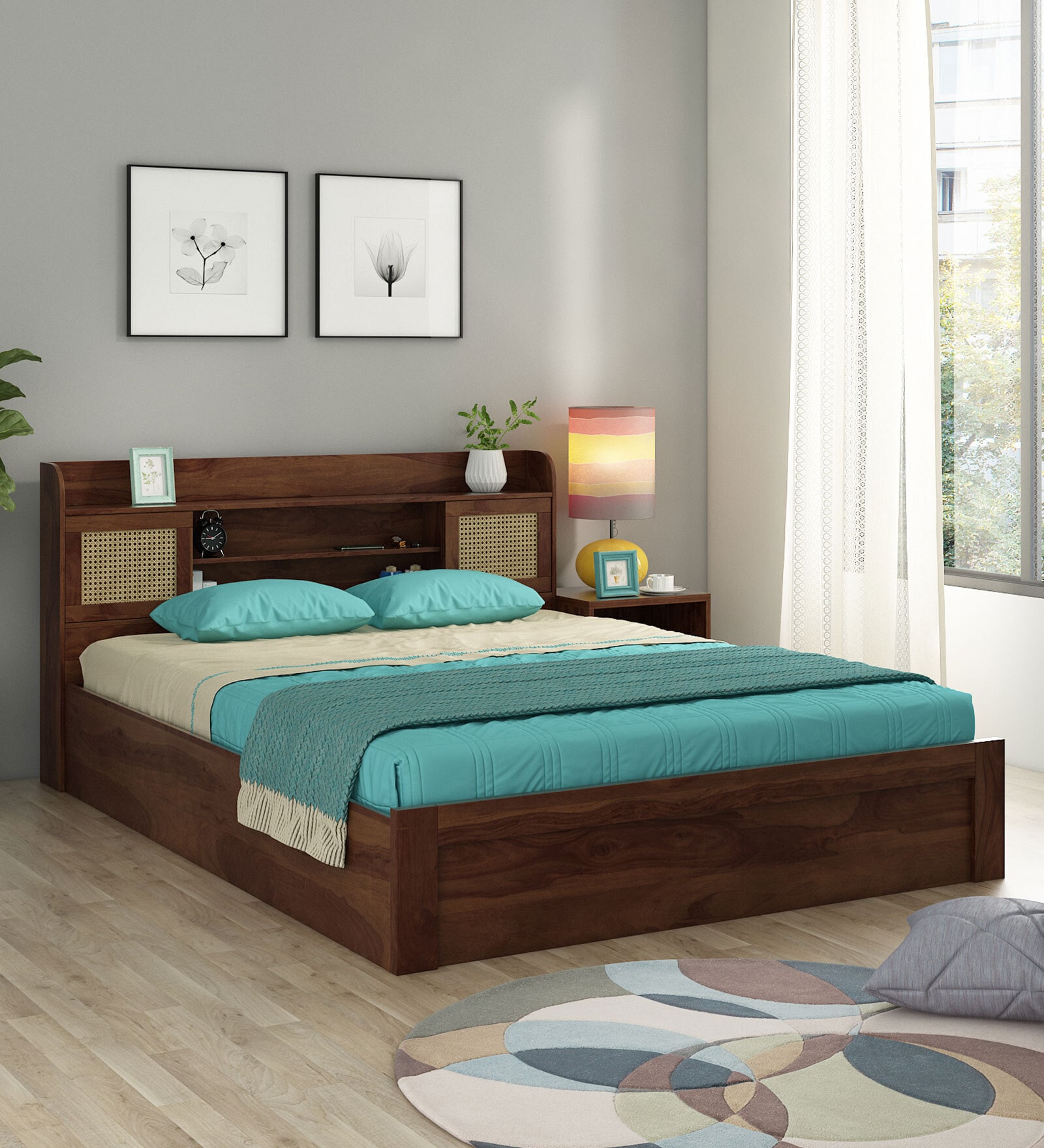 Kosmo Jude  King Size Bed in Sheesham Finish with Box Storage