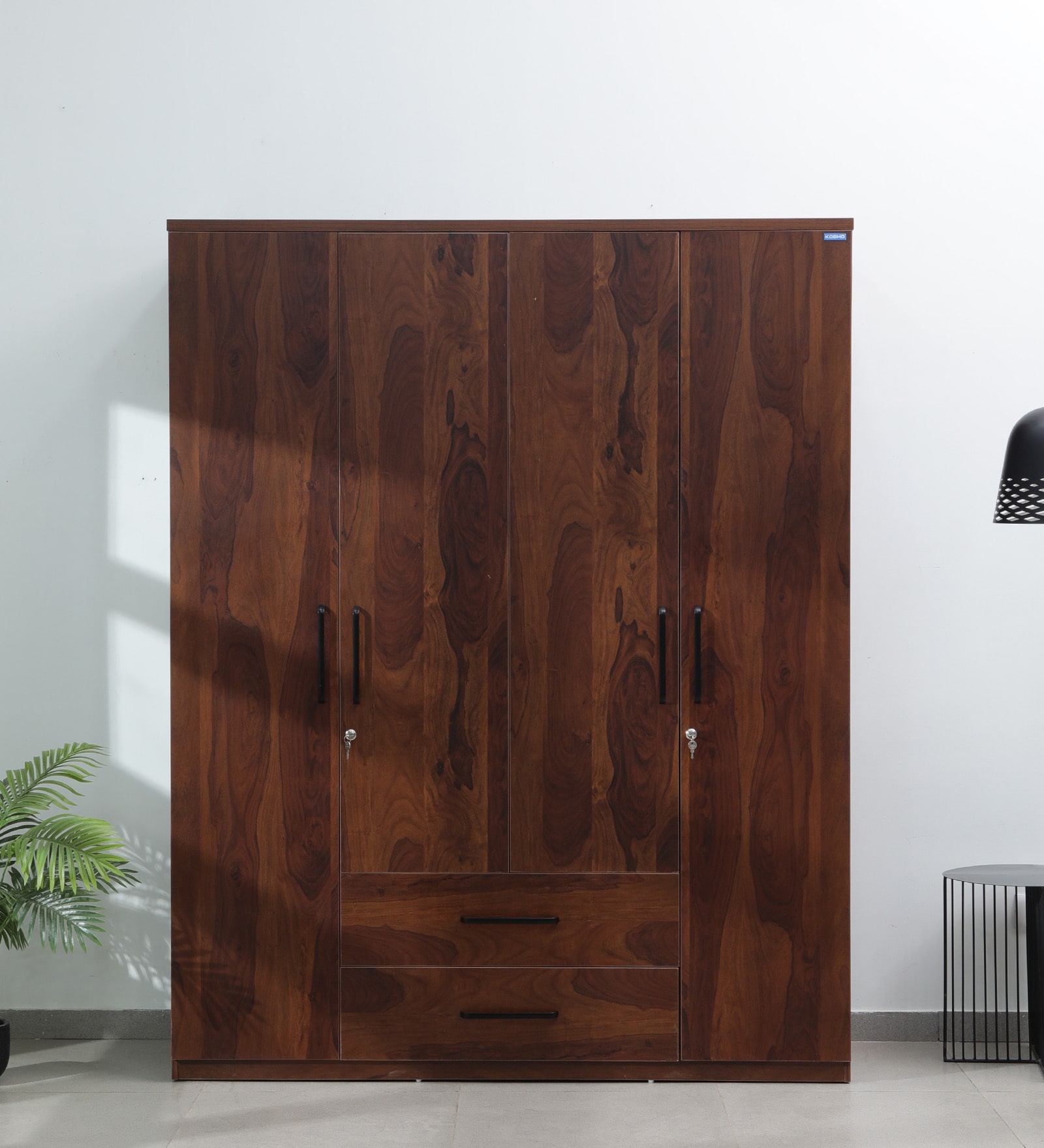Kosmo Lauren 4 Door Wardrobe In Sheesham Woodpore Finish With Locker & Drawer