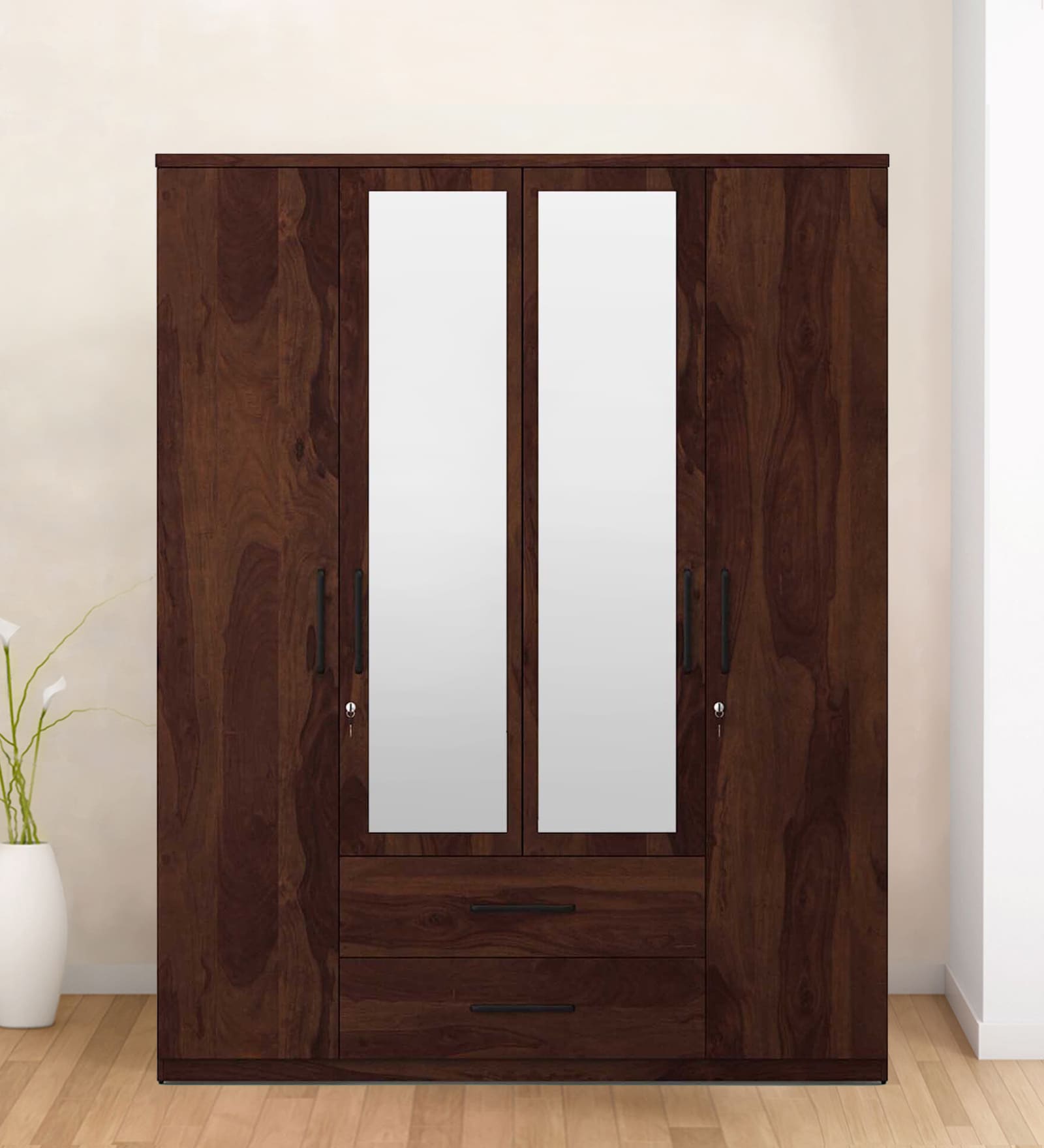 Kosmo Lauren 4 Door Wardrobe With Mirror In Sheesham Woodpore Finish With Locker & Drawer
