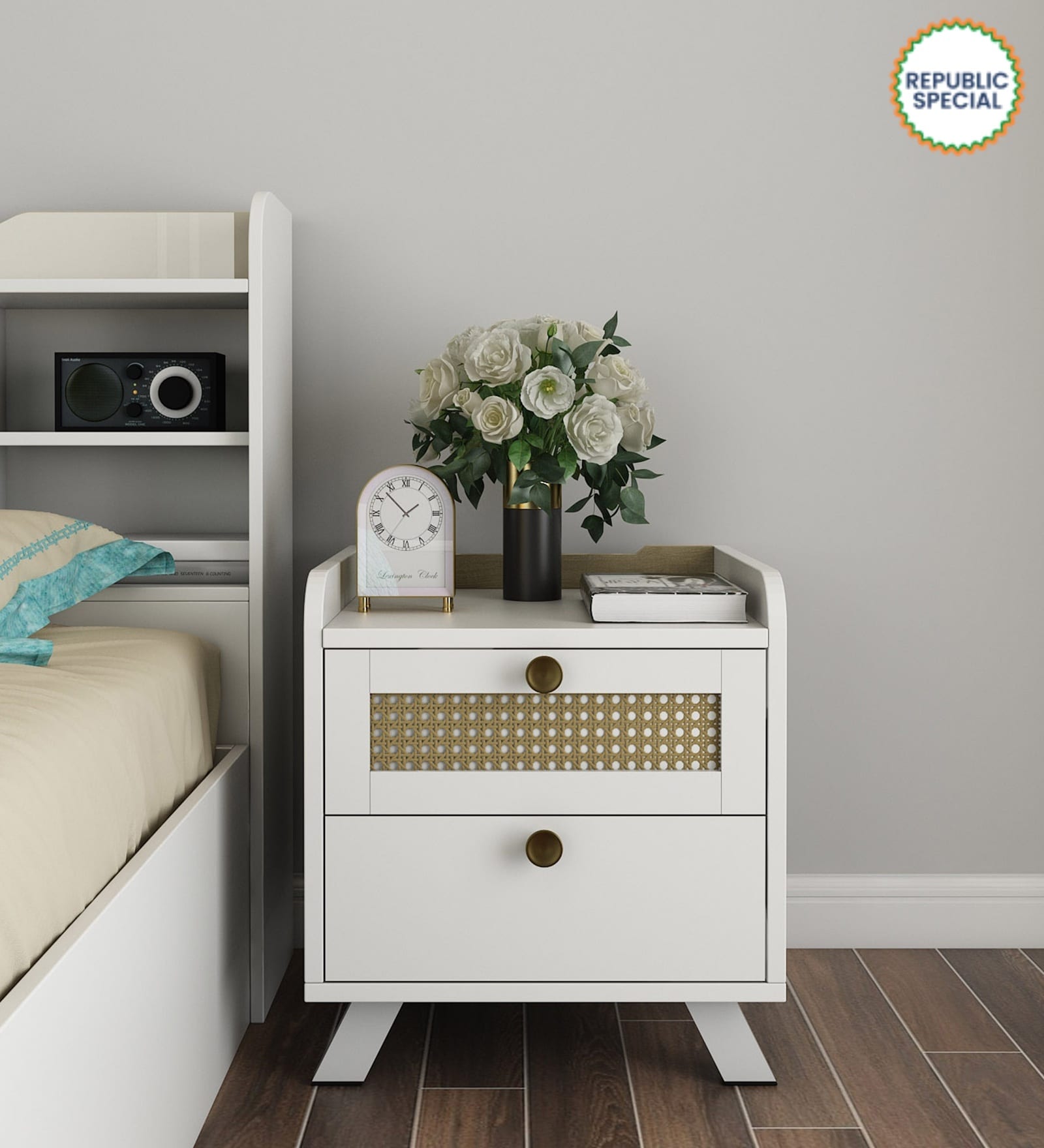 Kosmo Lilly  Bedside Table in Kingston White & Sebastian Oak Finish