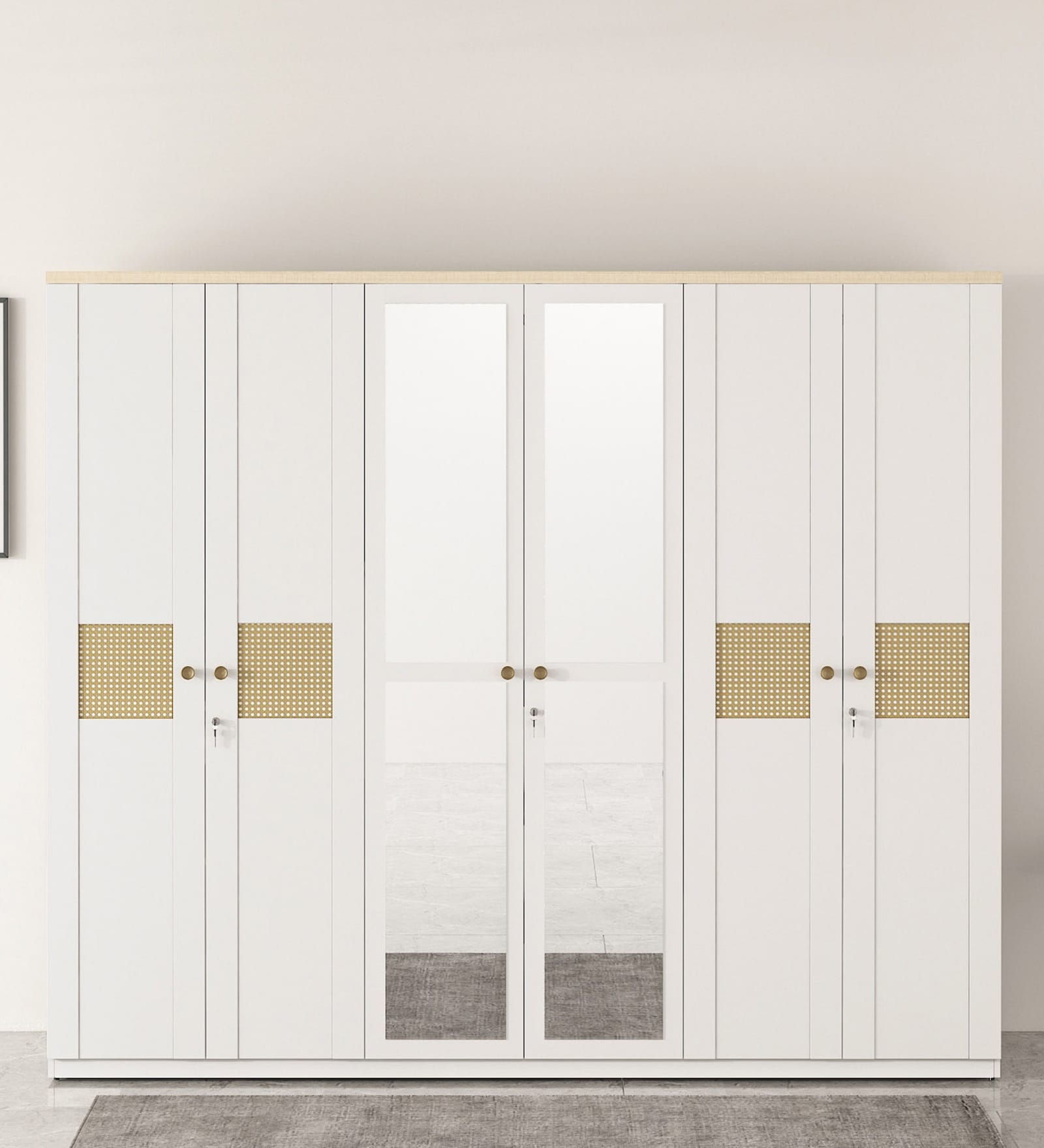 Kosmo Lilly 6 Door Wardrobe With Mirror In Kingston White & Sebastian Oak Finish With Locker & Drawer