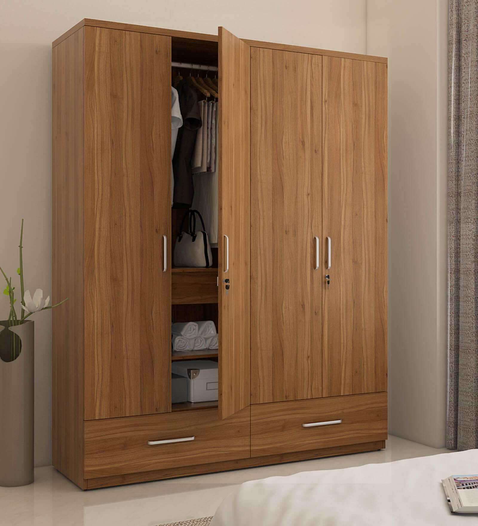 Kosmo Linden 4 Door Wardrobe In Natural Teak Finish With Locker & Drawer