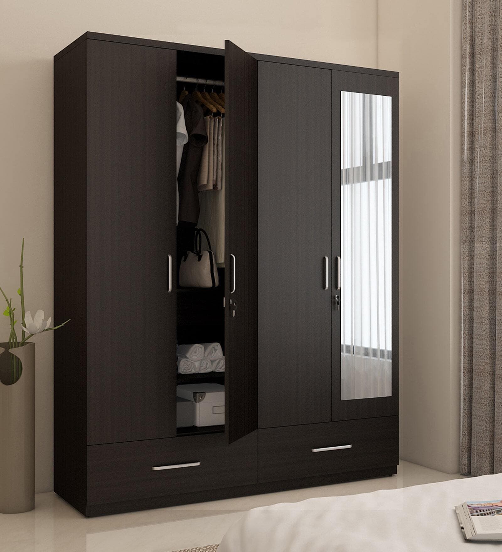 Kosmo Linden 4 Door Wardrobe With Mirror In Wenge Finish With Mirror With Locker & Drawer