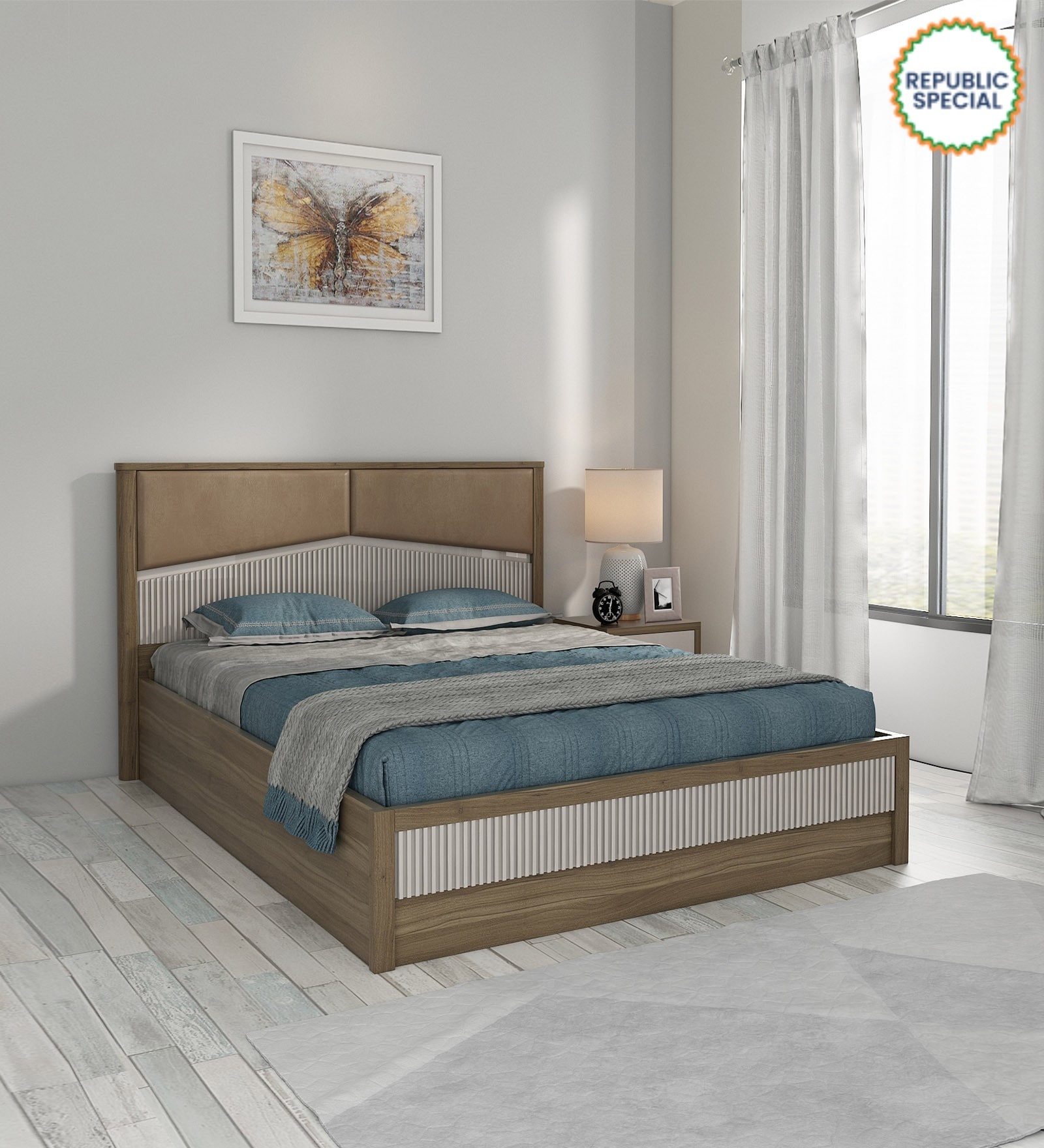 Kosmo Nora Upholstered Queen Size Bed In Lyon Walnut Finish With Hydraulic Storage