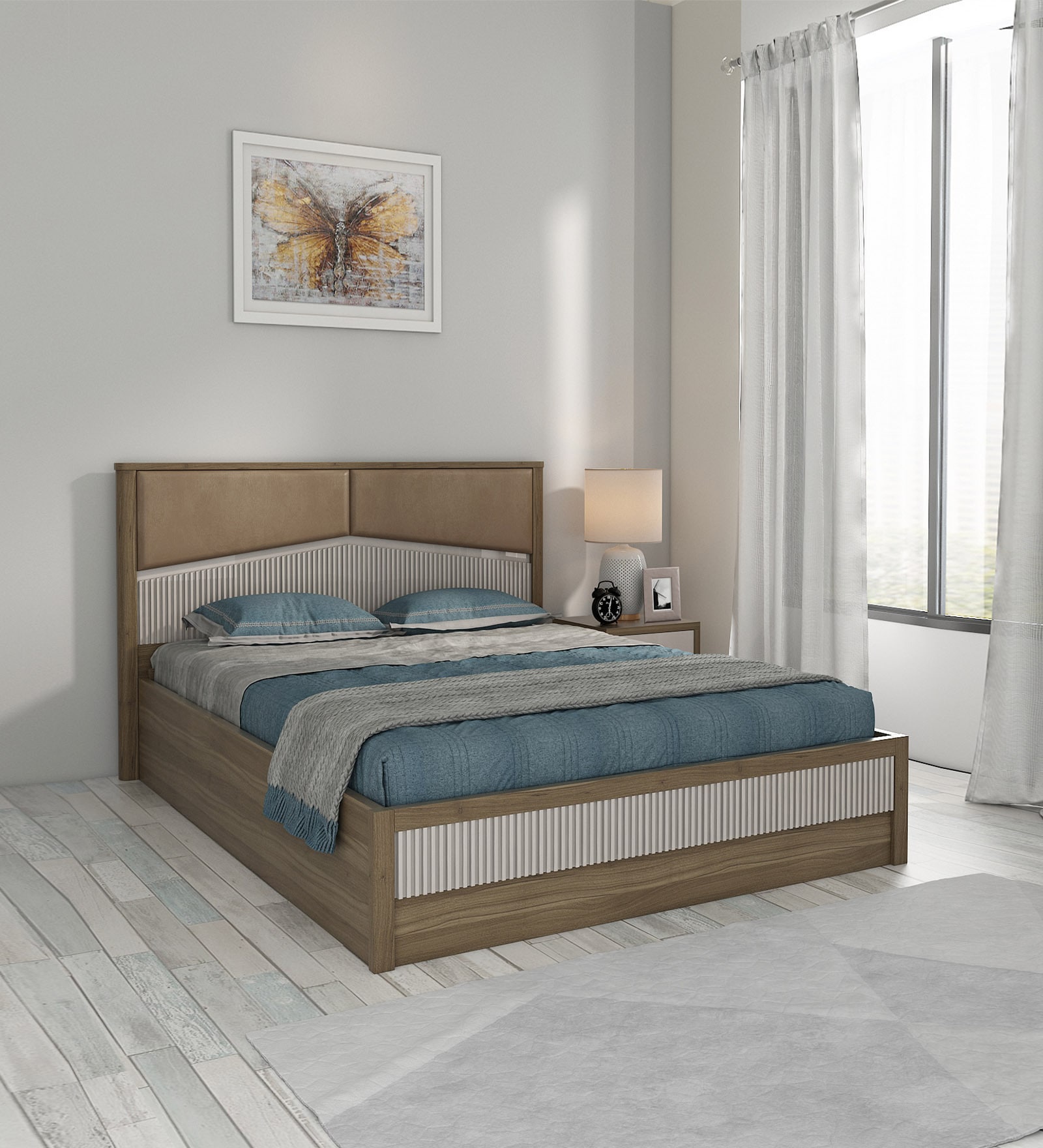 Kosmo Nora Upholstered Queen Size Bed In Lyon Walnut Finish With Hydraulic Storage