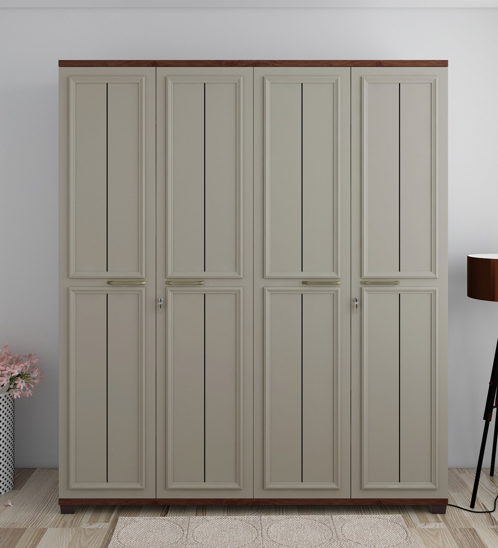 Kosmo Sahara 4 Door Wardrobe In Stone Grey Modern Ash Finish With Drawer & Locker