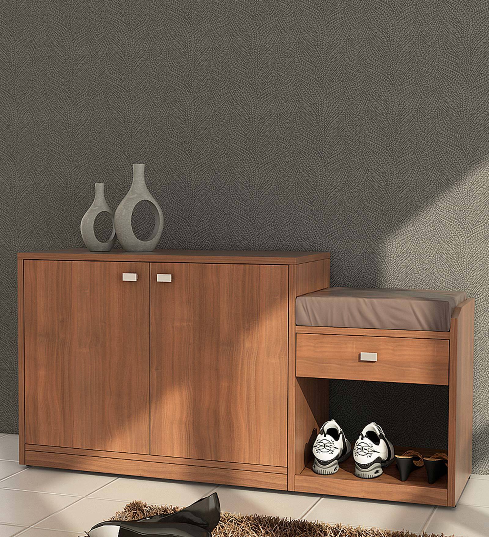 Kosmo Shoe Rack with Seating in Walnut Rigato Melamine Finish