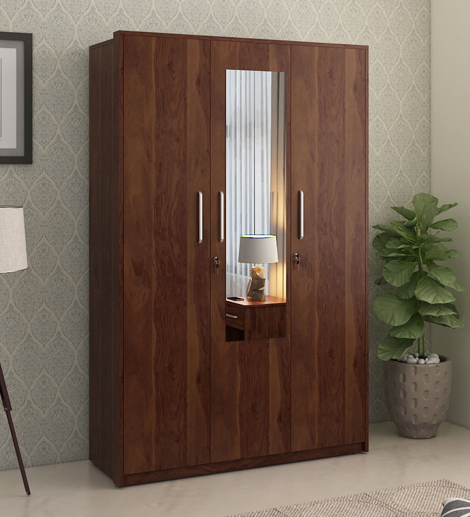 Buy Kosmo Value 3 Door Wardrobe in Sheesham Woodpore Finish with Mirror