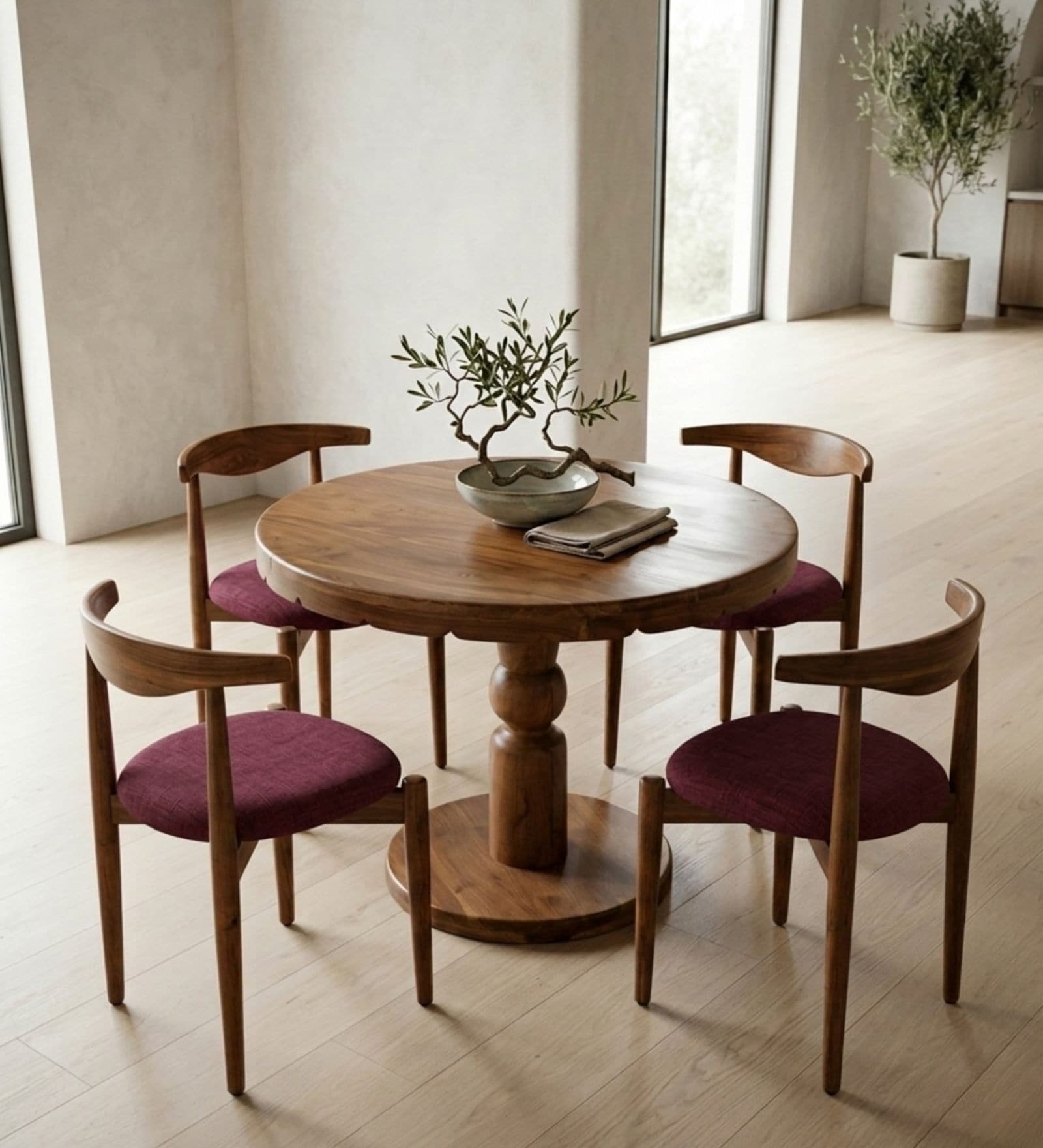 Kovil 4 Seater Solid Acacia Wood Round Dining Table Set With Teak Chairs In Natural Finish Kovil 4 Seater Solid Acacia Wood Round Dining Table Set With Teak Chairs In Natural Finish