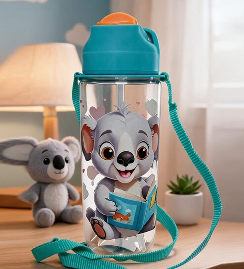 Green Koala Printed Plastic Water Bottle with Straw & Carrying Strap, 600 ml