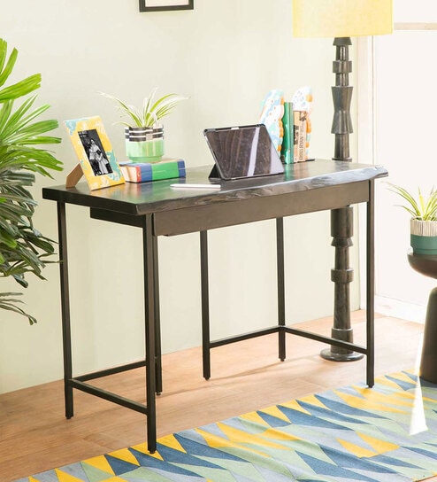 Kobe Solid Wood Writing Table in Charcoal Grey Finish