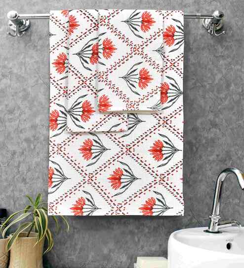 Koi White Madhuban Floral Waffle Cotton 250 GSM Bath & Hand Towel Set