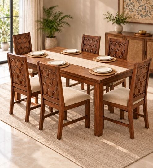 Kosha 6 Seater Dining Set In Provincial Teak Finish With Beige Colour Chair