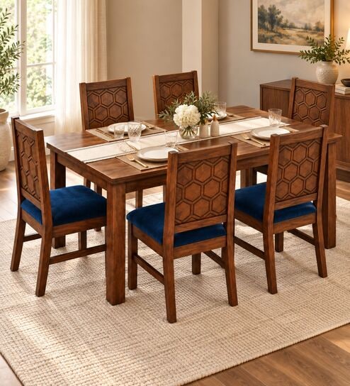 Kosha 6 Seater Dining Set In Provincial Teak Finish With Navy Blue Colour Chair