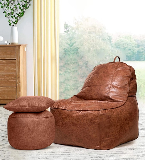 Koshi 4XL Leatherette Bean Bag With Beans With Footrest, Cushion & Pocket In Brown Colour