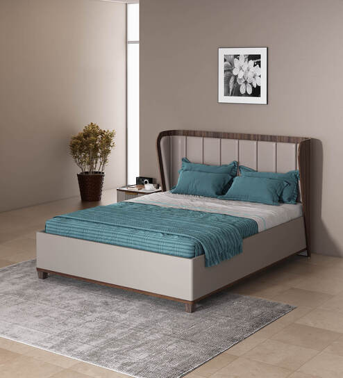 Adore Leatherette Upholstered Headboard King Size Bed With Hydraulic Storage In Sahara Beige & Dark Brown Eucalyptus Finish