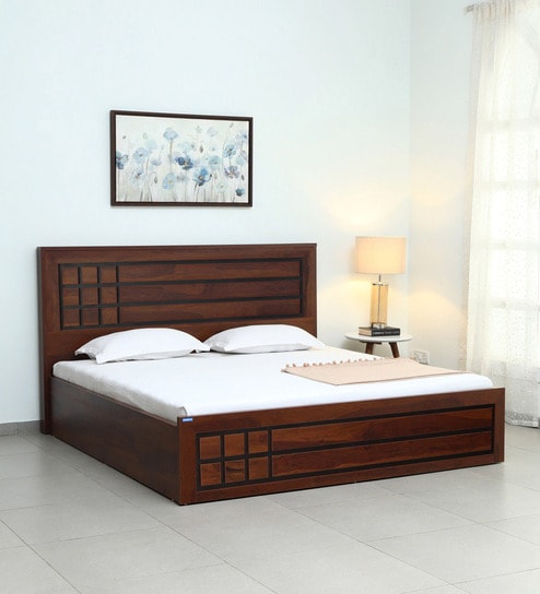 Kosmo Boston Queen Size Bed in Sheesham Finish with Hydraulic Storage