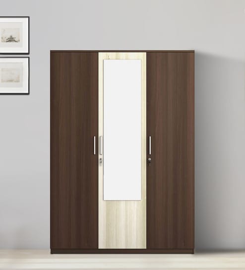 Kosmo Crescent 3 Door Wardrobe in Dark Acacia Finish with Mirror With Drawer