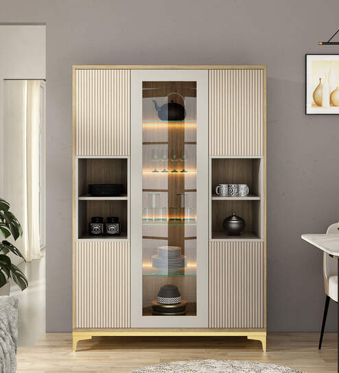 Gl Crockery UnitWith Led Light In Pumic Grey And Gold Finish